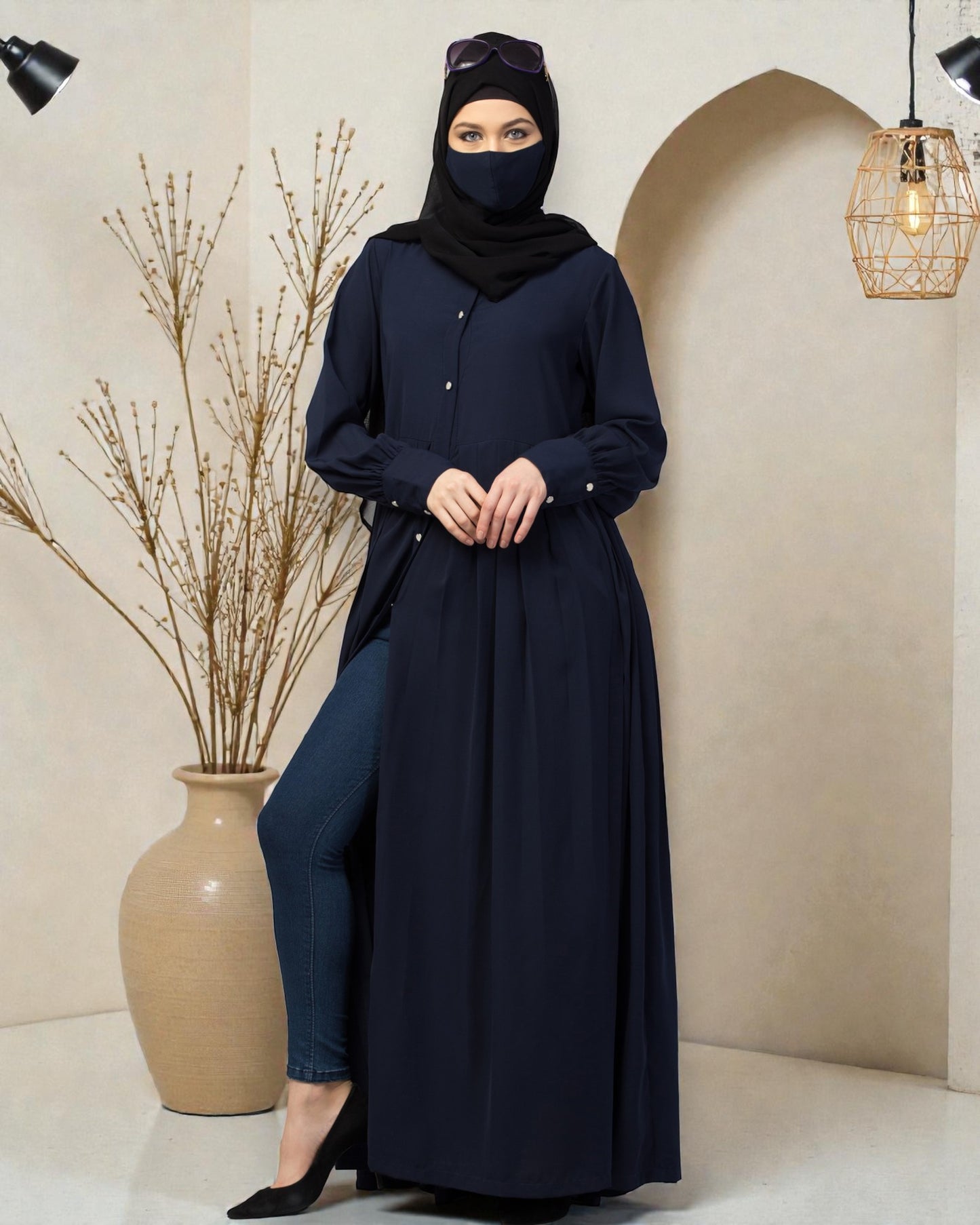 Front Open- Designer Dress In Abaya Fit With Pleats