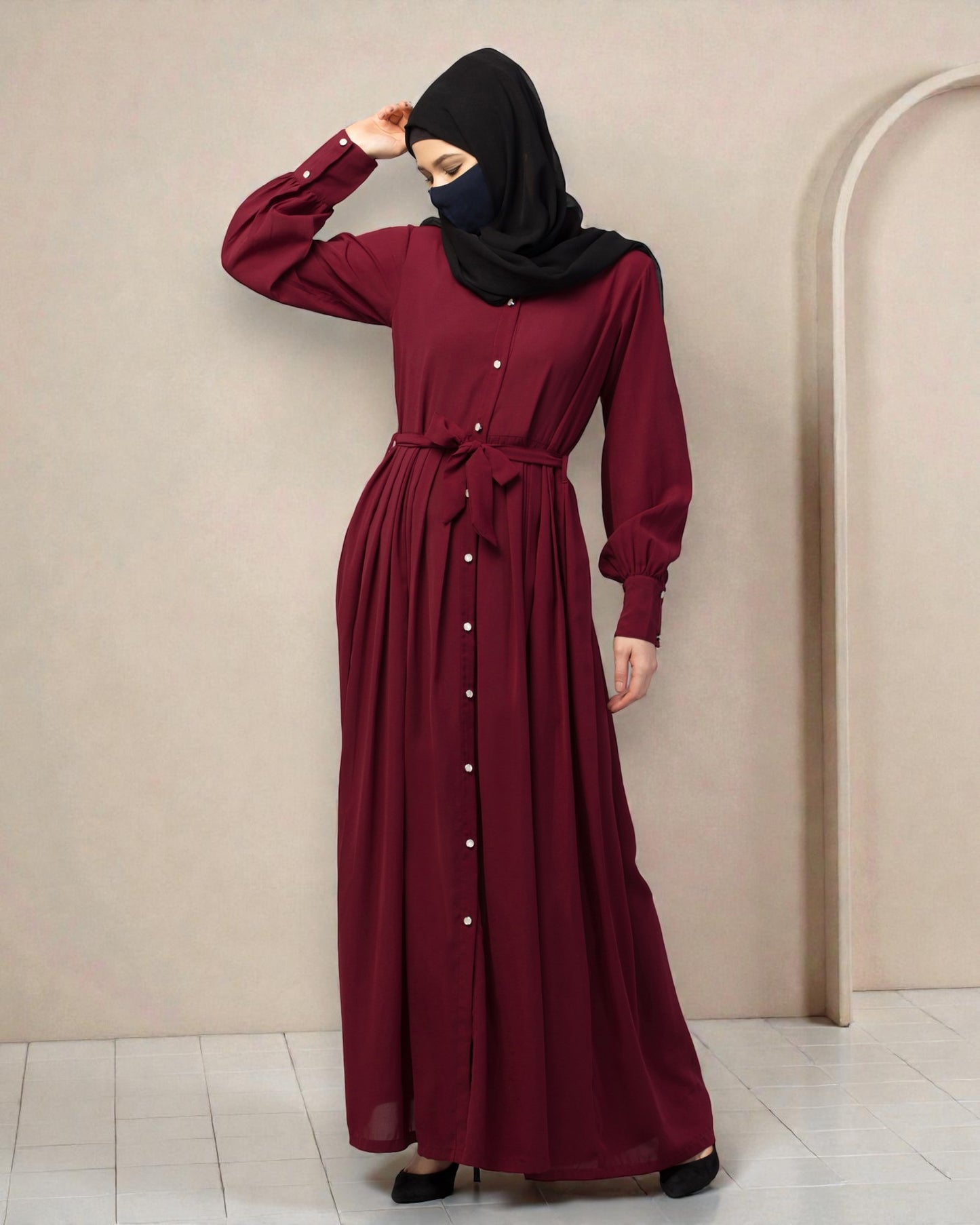 Front Open- Designer Dress In Abaya Fit With Pleats