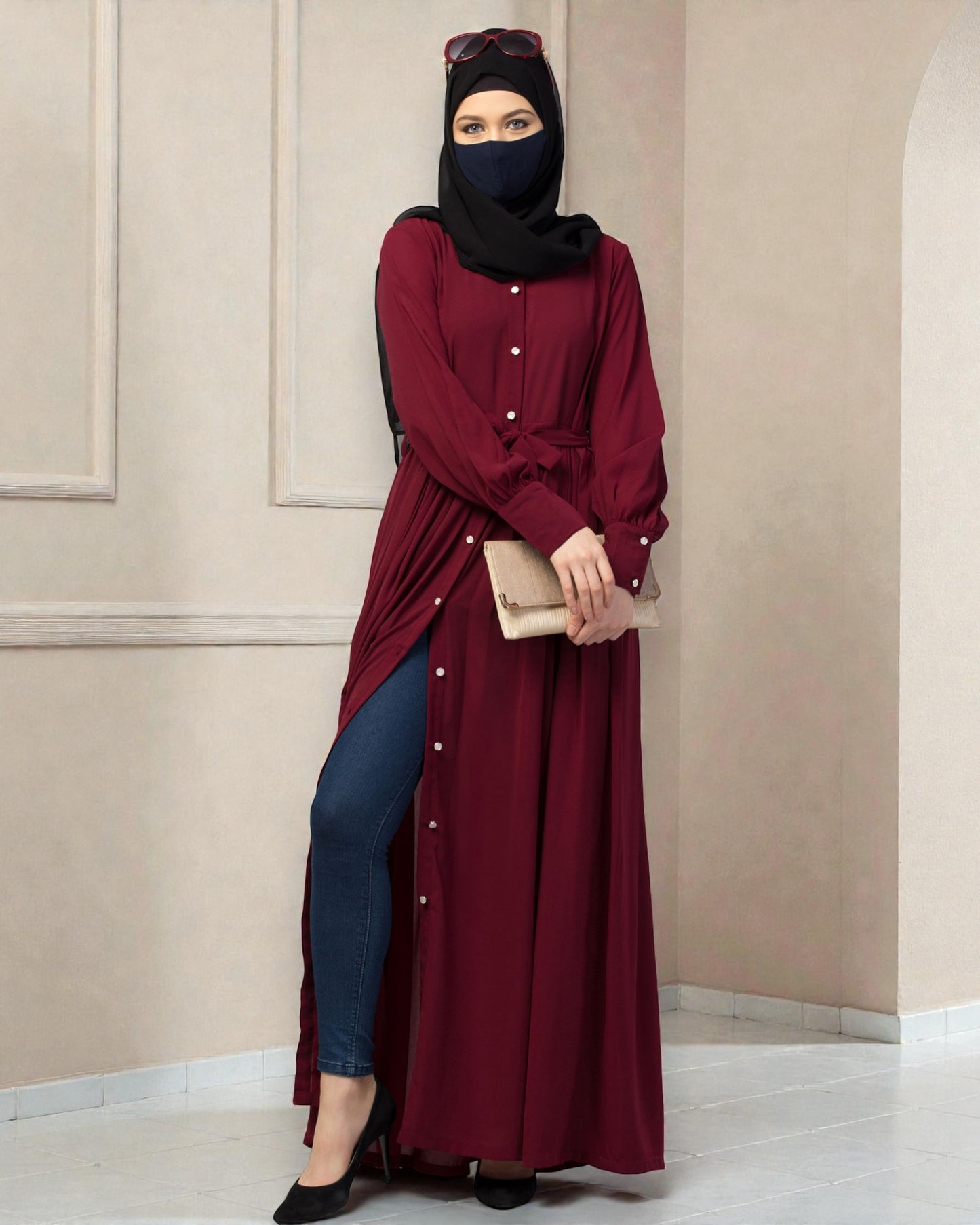 Front Open- Designer Dress In Abaya Fit With Pleats