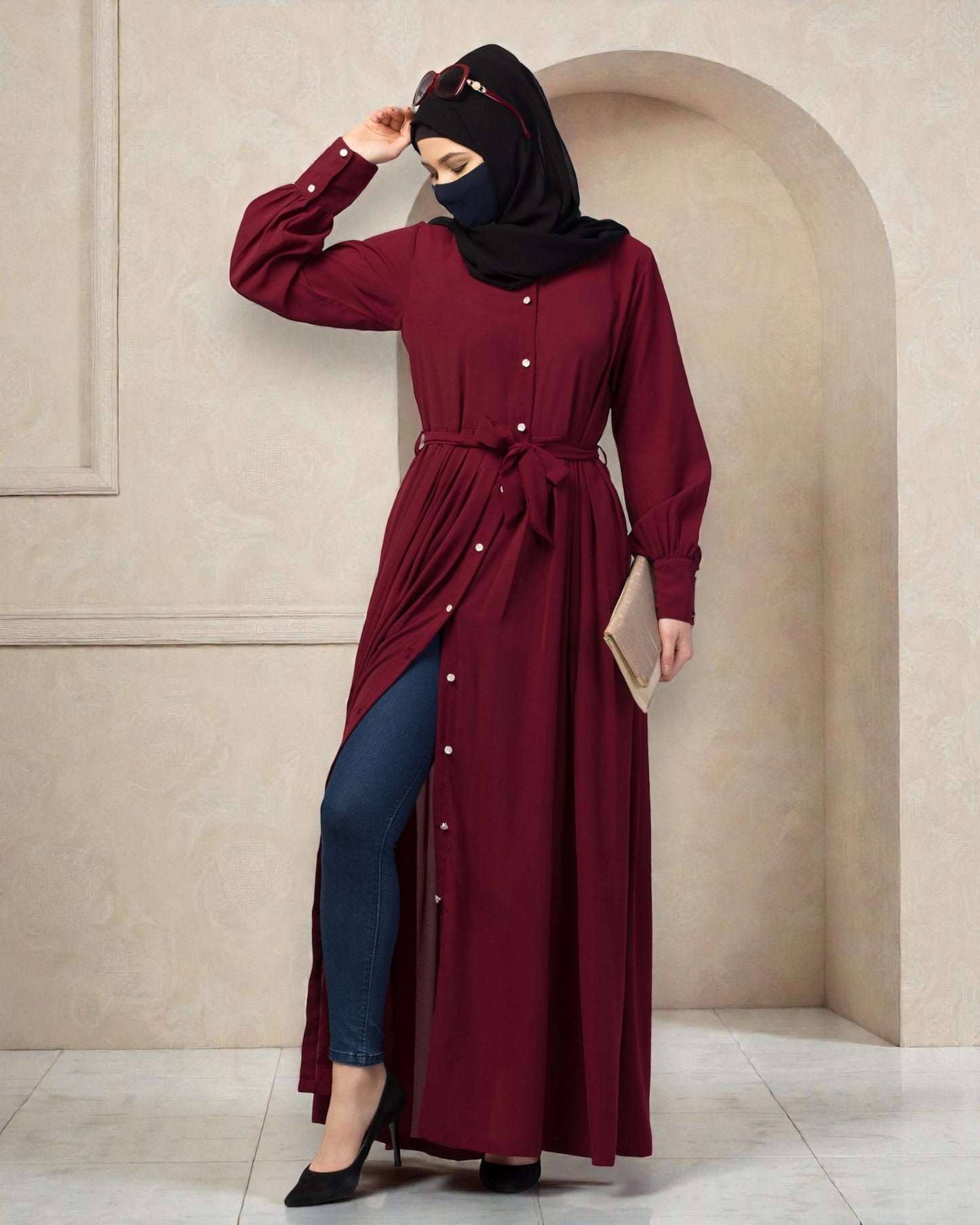 Front Open- Designer Dress In Abaya Fit With Pleats