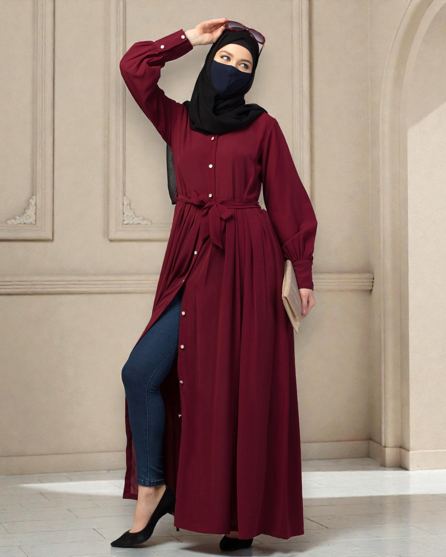 Front Open- Designer Dress In Abaya Fit With Pleats