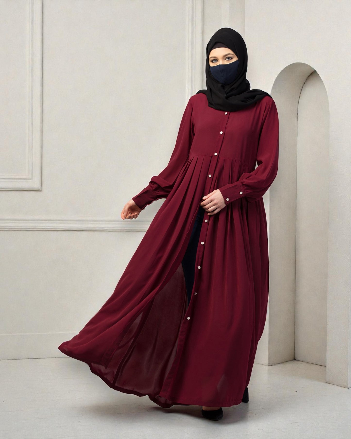 Front Open- Designer Dress In Abaya Fit With Pleats