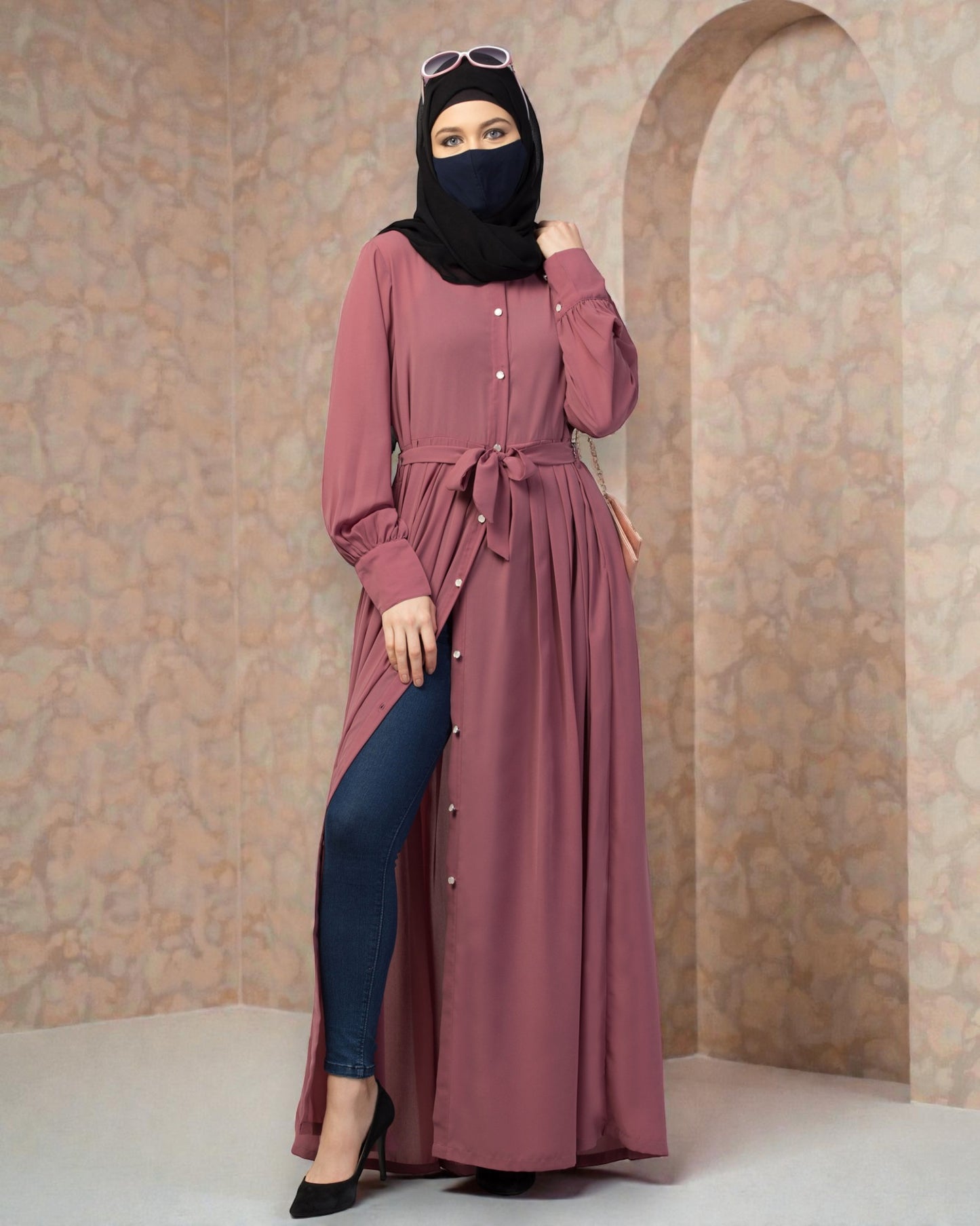 Front Open- Designer Dress In Abaya Fit With Pleats