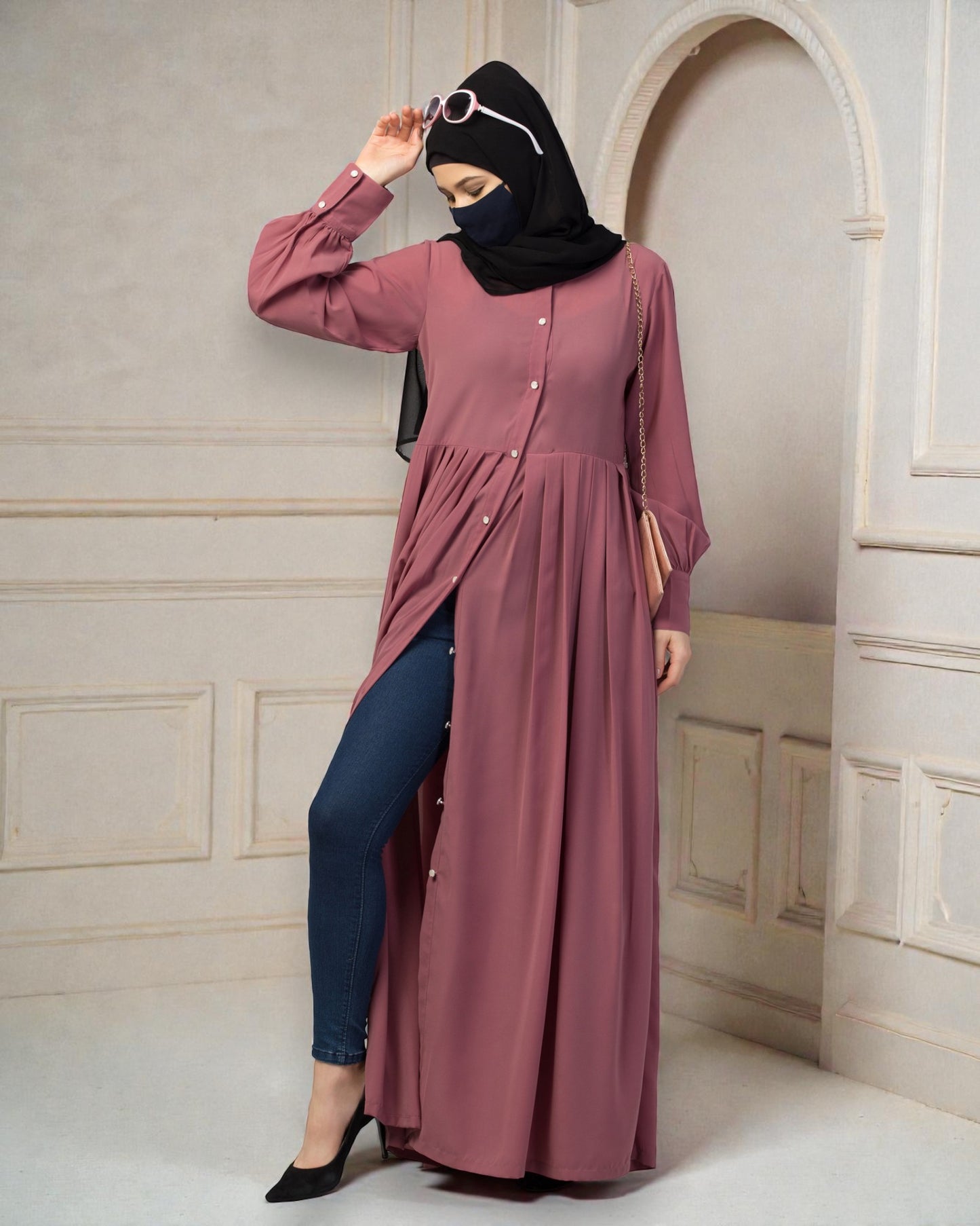 Front Open- Designer Dress In Abaya Fit With Pleats