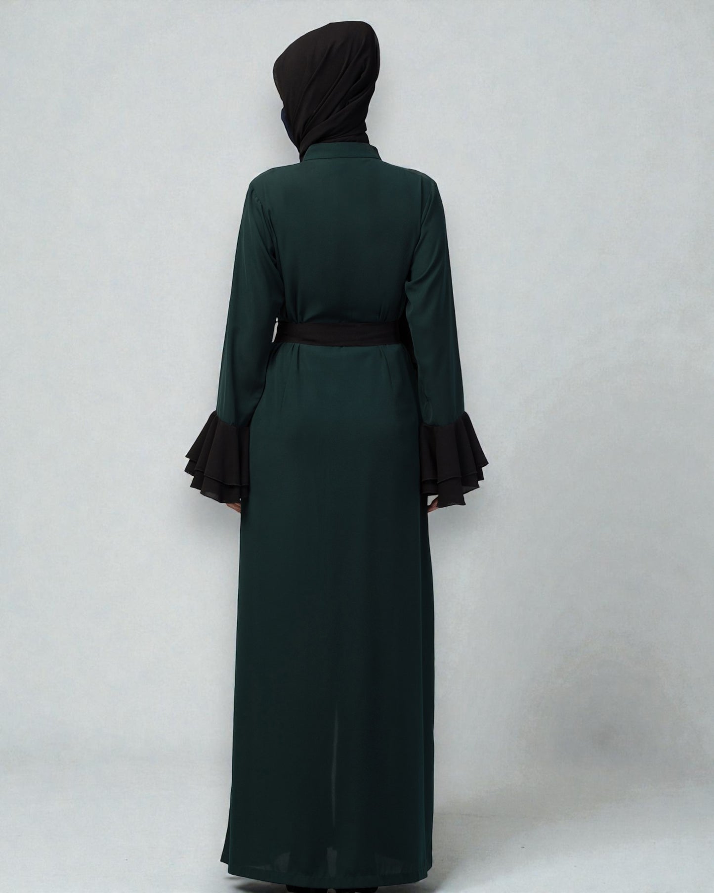 Dual Color- Front Open Dress in Abaya Fit With Bell Sleeves & Belt