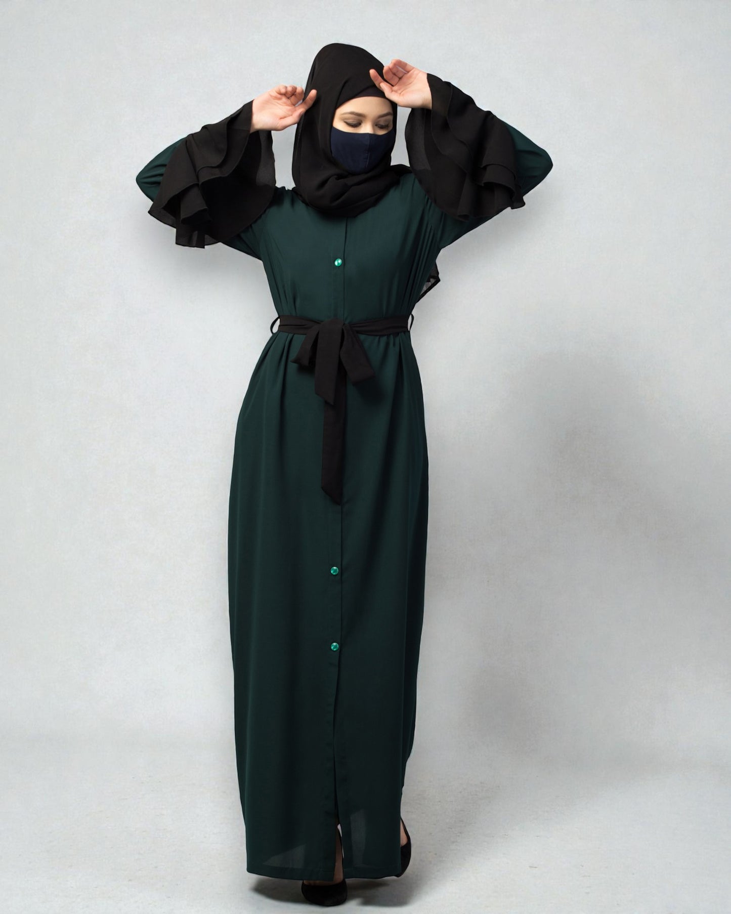 Dual Color- Front Open Dress in Abaya Fit With Bell Sleeves & Belt