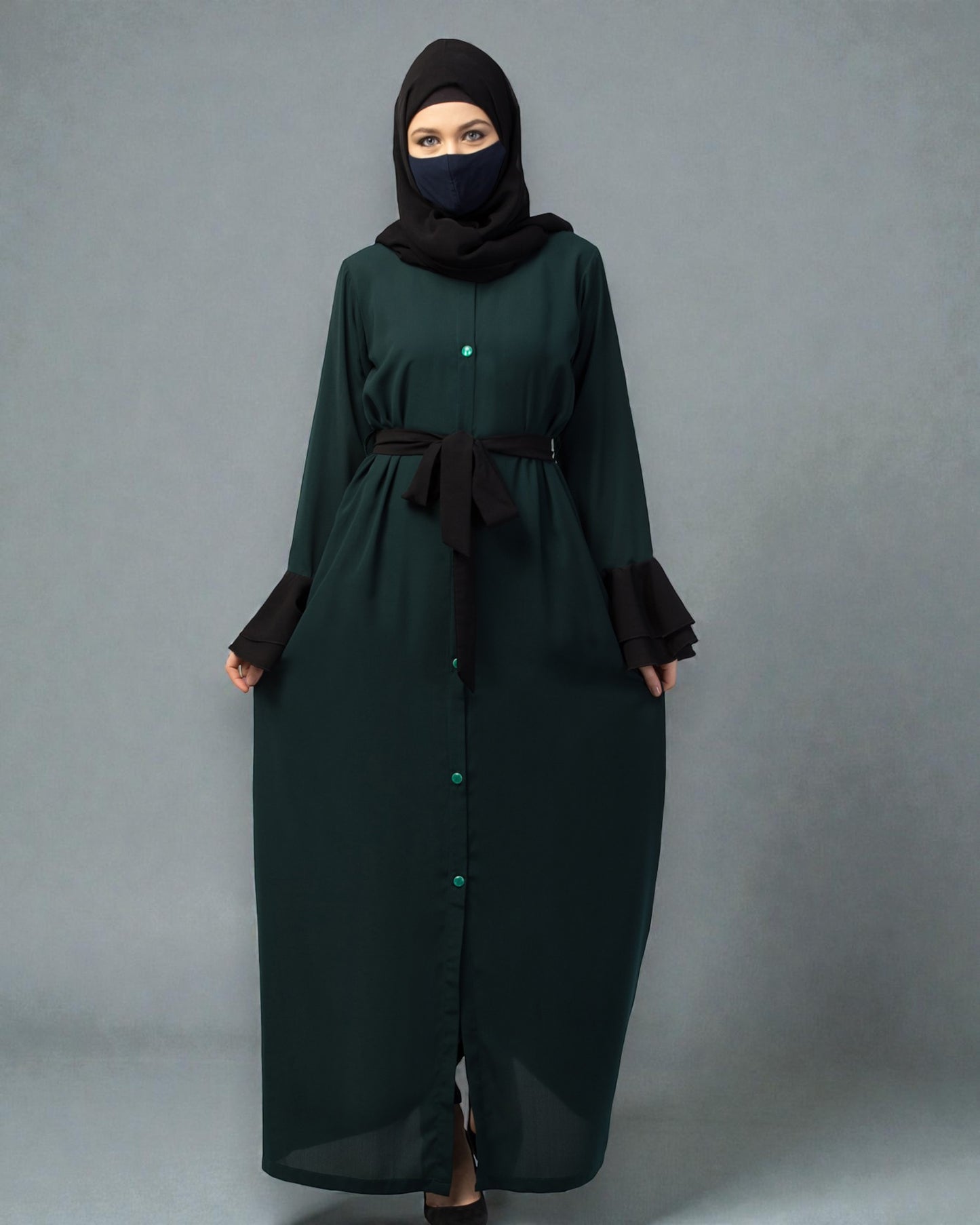 Dual Color- Front Open Dress in Abaya Fit With Bell Sleeves & Belt