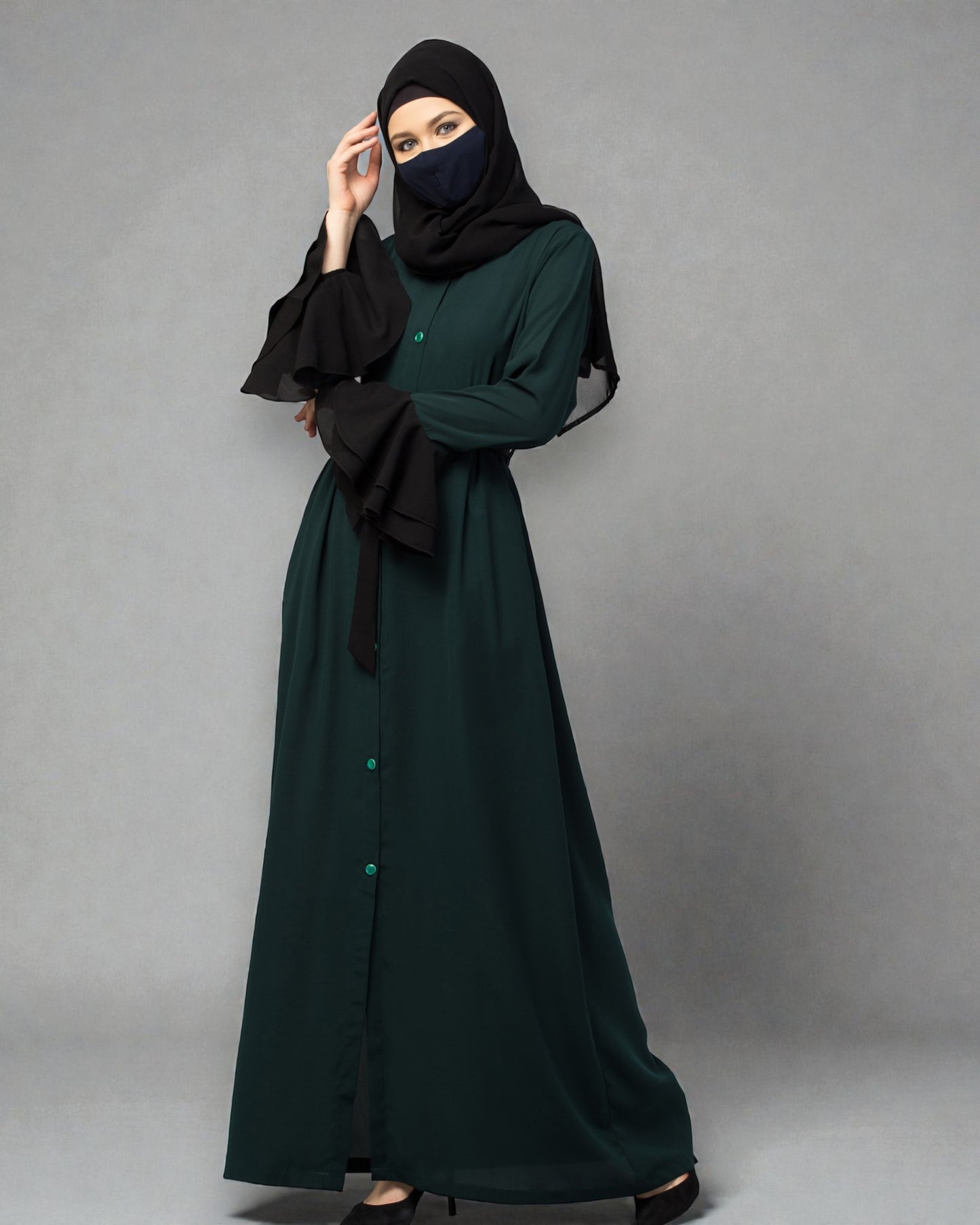 Dual Color- Front Open Dress in Abaya Fit With Bell Sleeves & Belt
