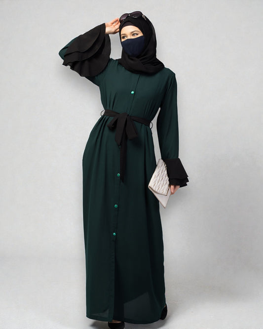 Dual Color- Front Open Dress in Abaya Fit With Bell Sleeves & Belt