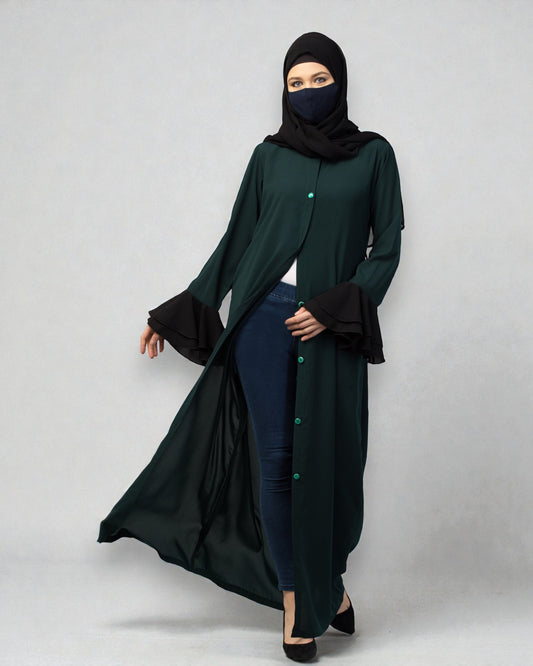 Dual Color- Front Open Dress in Abaya Fit With Bell Sleeves & Belt