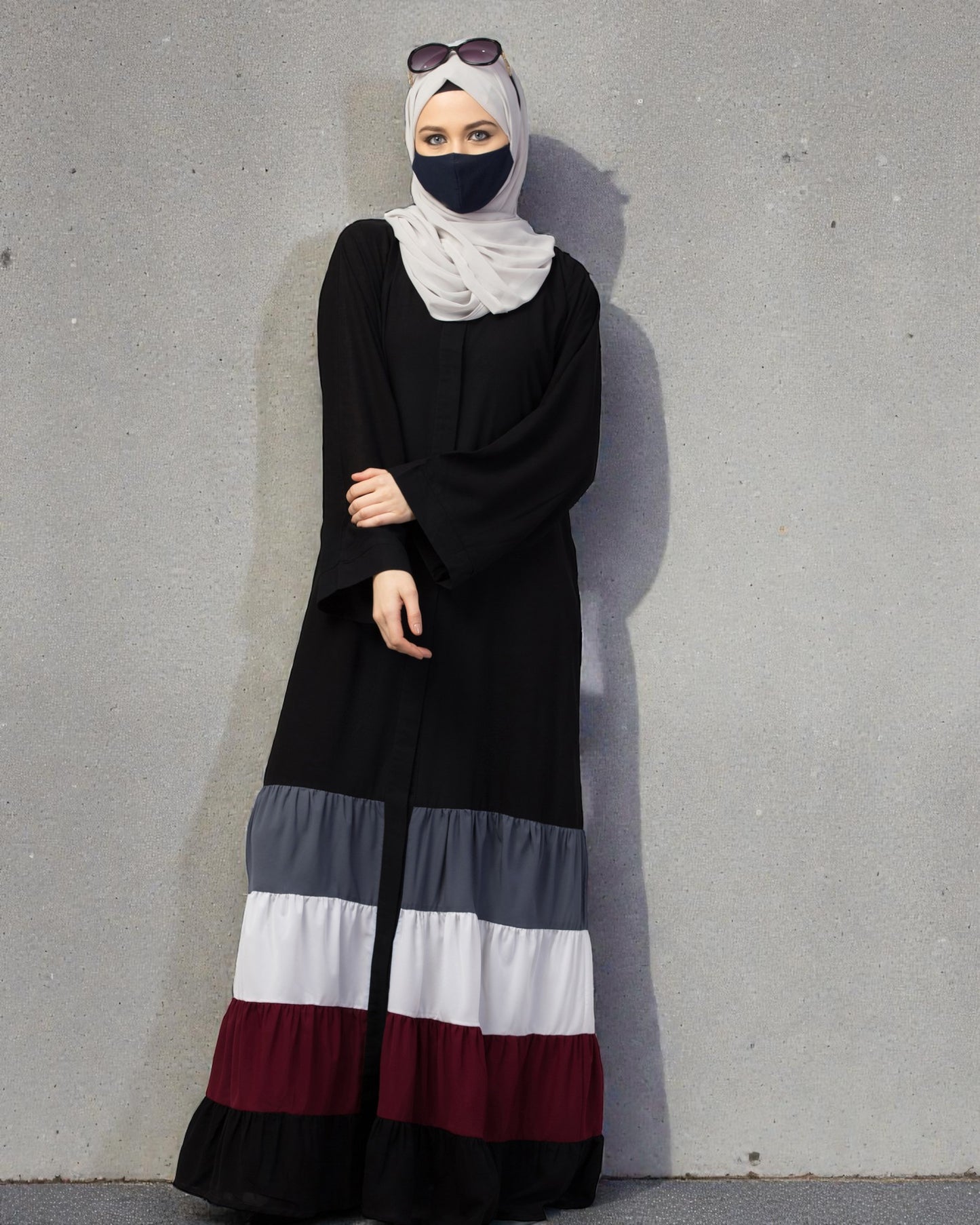 Front Open- Designer Dress in Abaya Fit With Multi Colored Gathered Layers