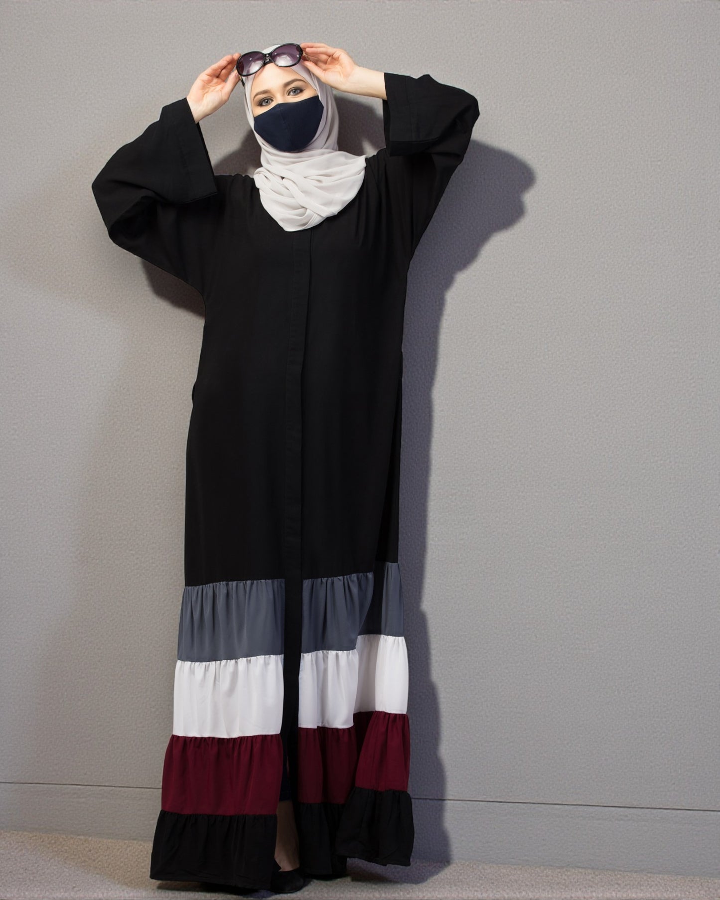 Front Open- Designer Dress in Abaya Fit With Multi Colored Gathered Layers