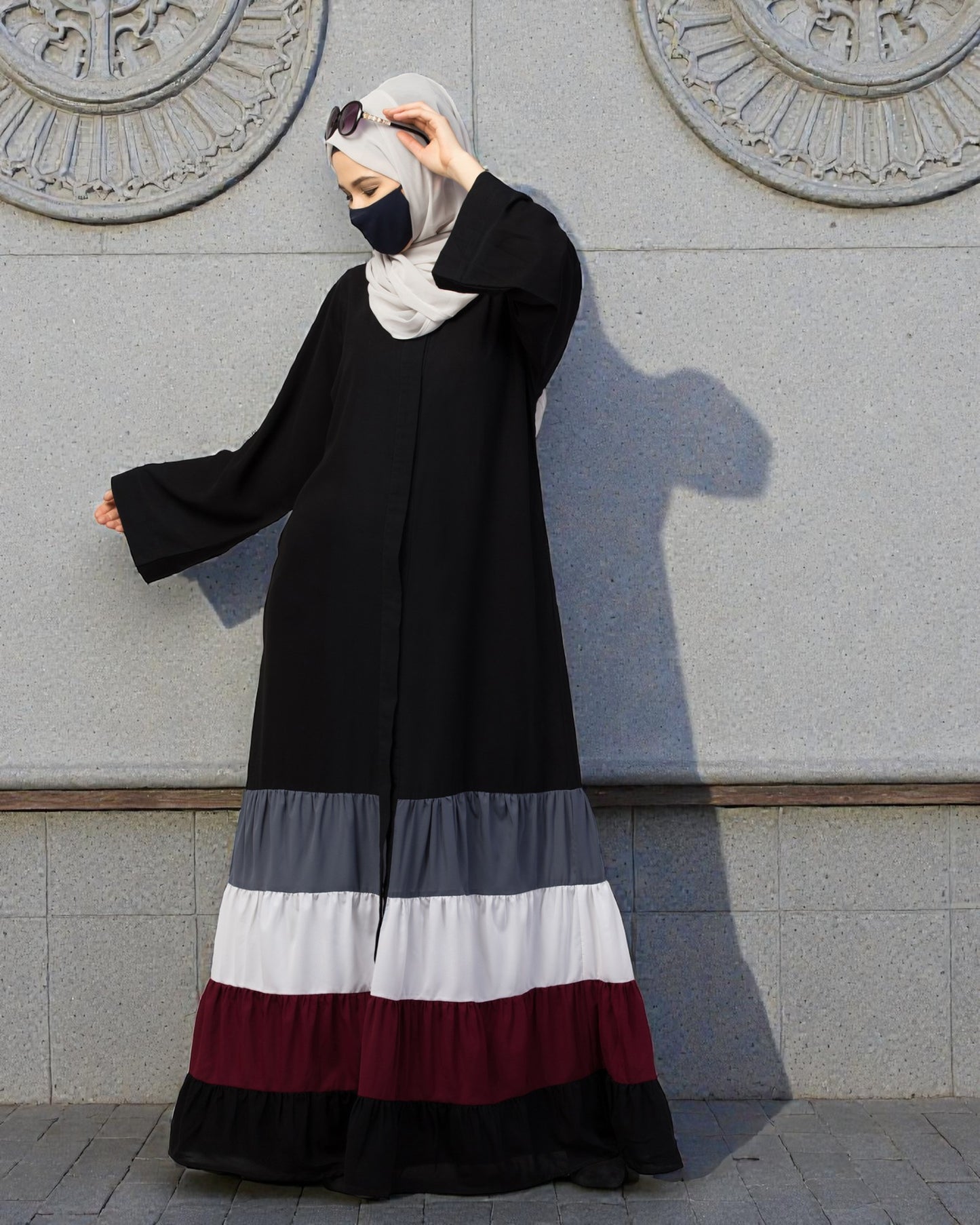 Front Open- Designer Dress in Abaya Fit With Multi Colored Gathered Layers