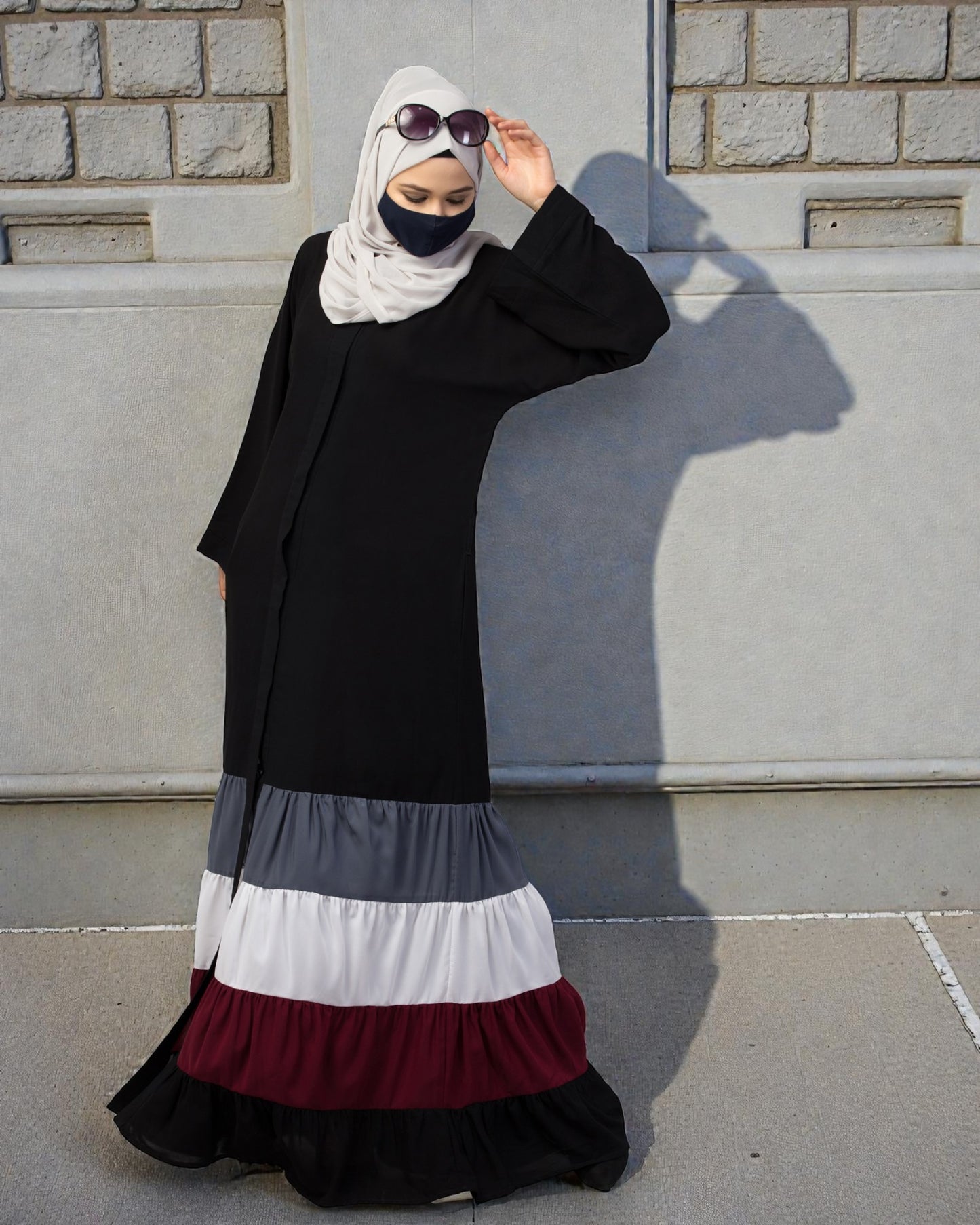 Front Open- Designer Dress in Abaya Fit With Multi Colored Gathered Layers
