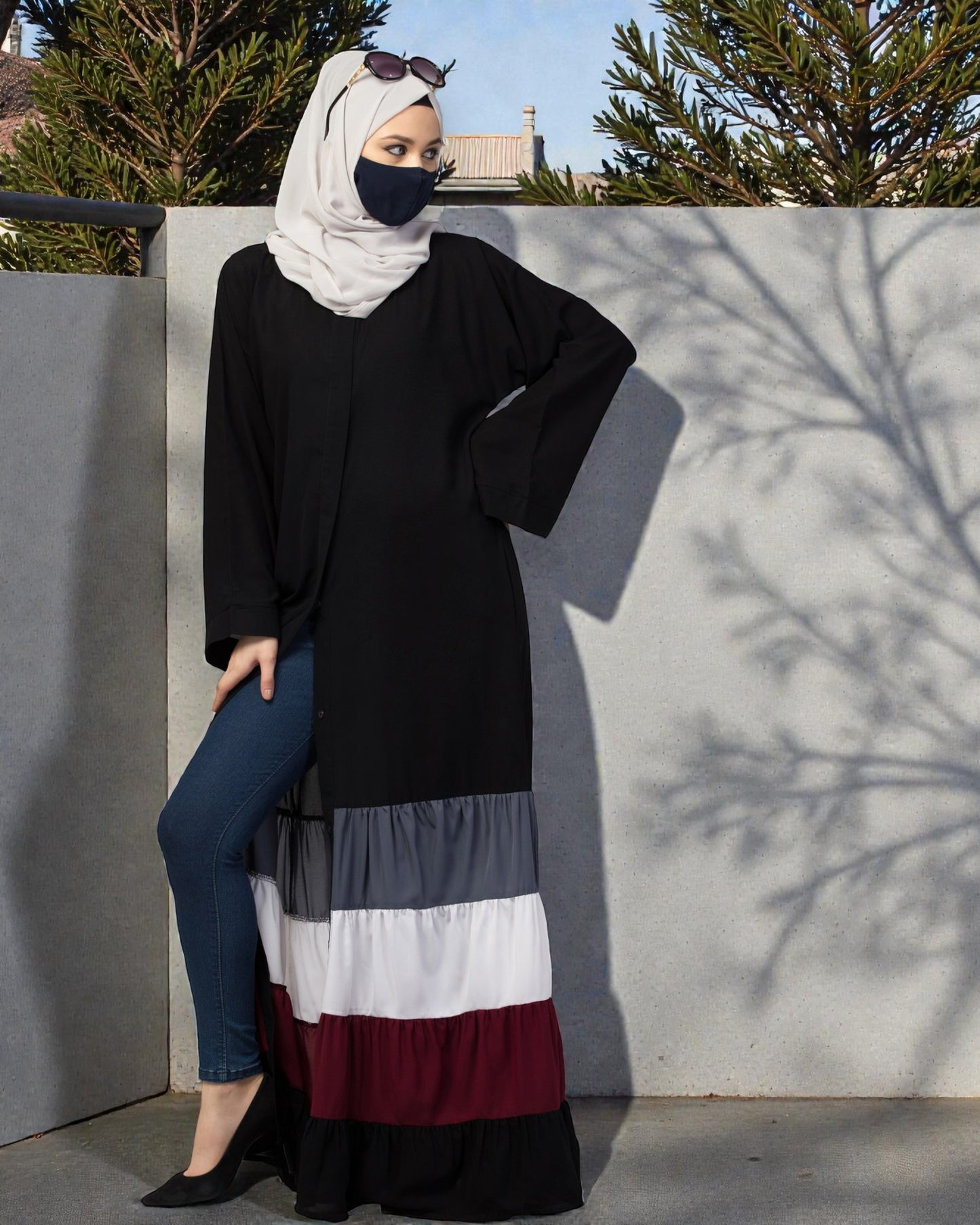 Front Open- Designer Dress in Abaya Fit With Multi Colored Gathered Layers