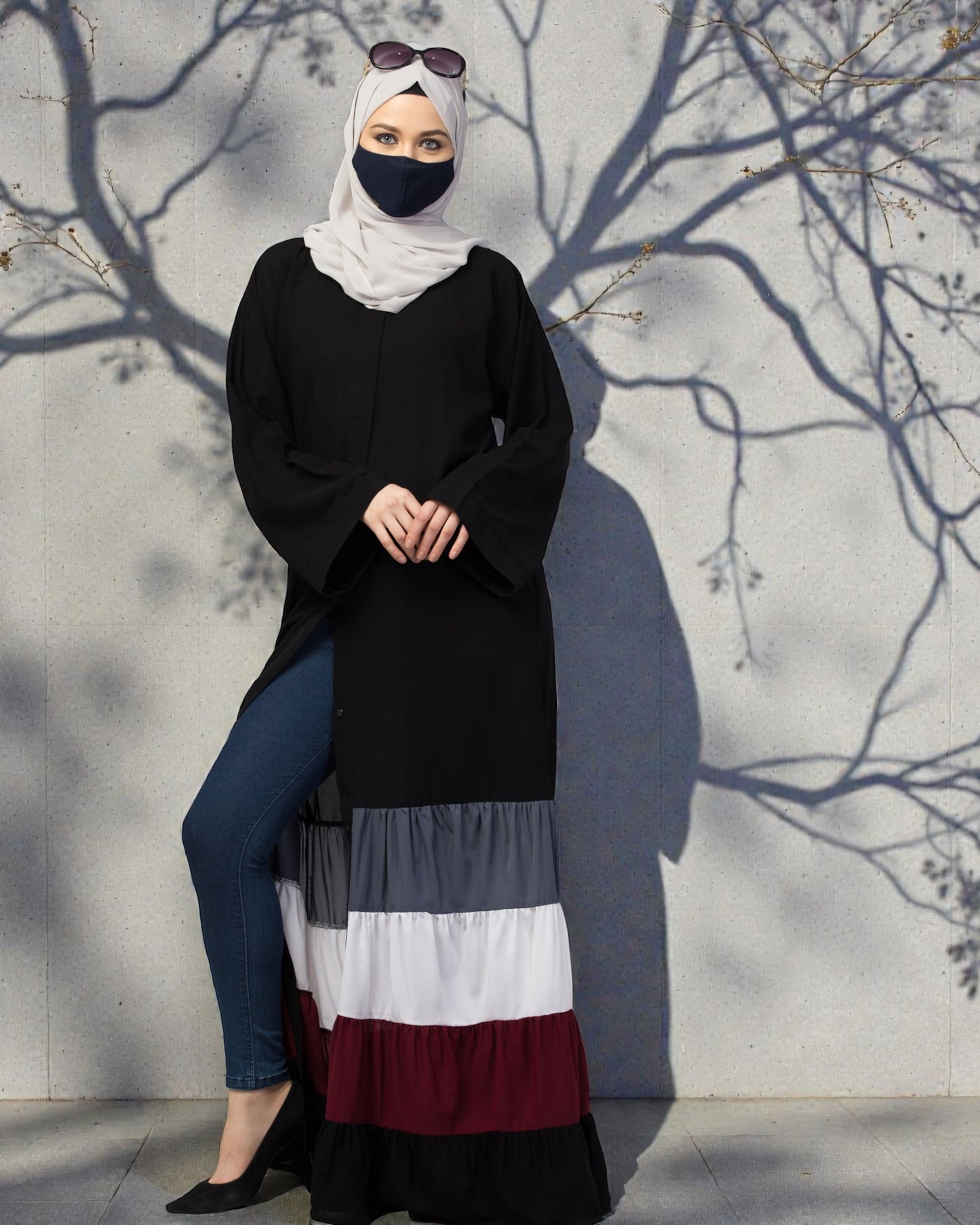 Front Open- Designer Dress in Abaya Fit With Multi Colored Gathered Layers