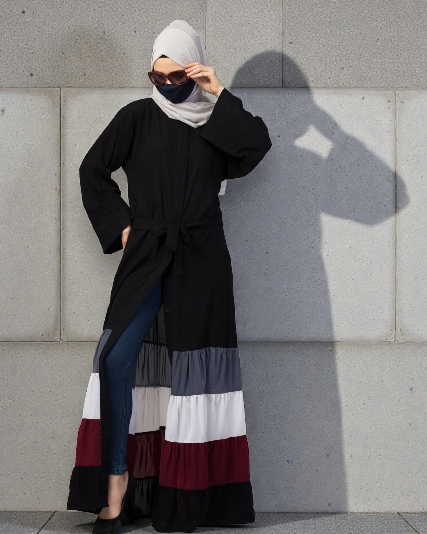 Front Open- Designer Dress in Abaya Fit With Multi Colored Gathered Layers