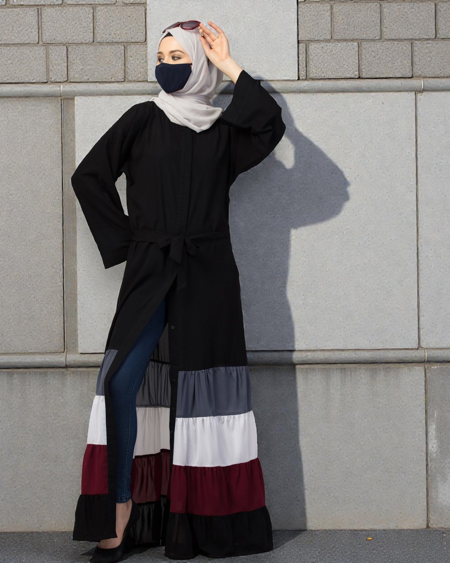 Front Open- Designer Dress in Abaya Fit With Multi Colored Gathered Layers