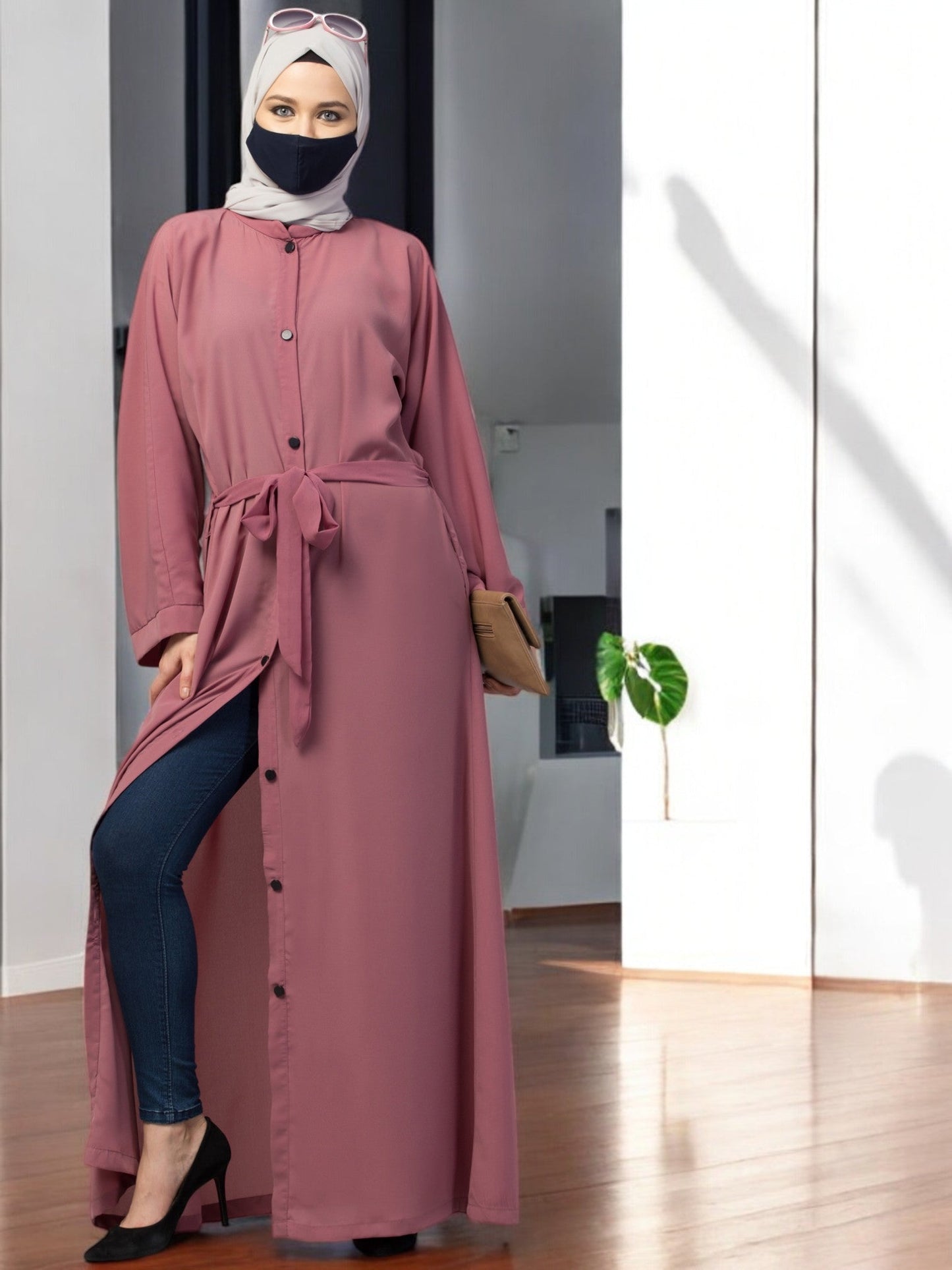 Front Open Abaya With Kimono Sleeves & Belt