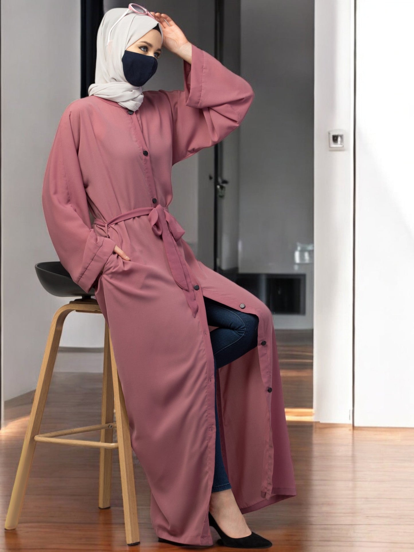 Front Open Abaya With Kimono Sleeves & Belt