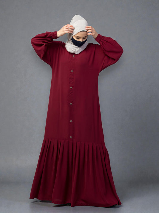 Closed Abaya With Show Buttons & Pleated Hem