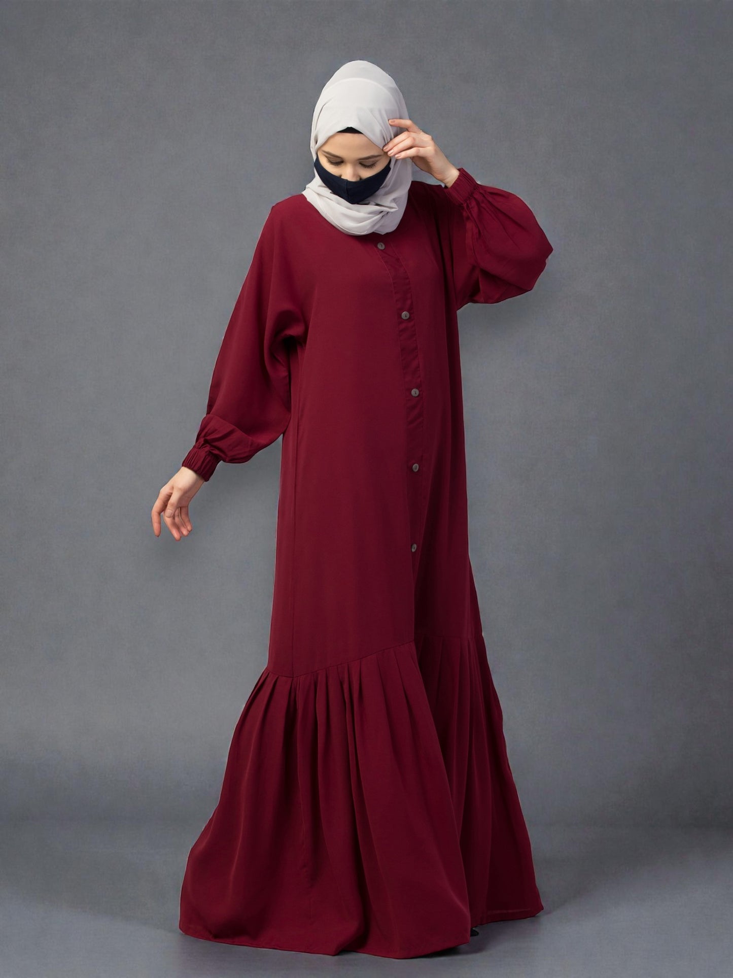 Closed Abaya With Show Buttons & Pleated Hem