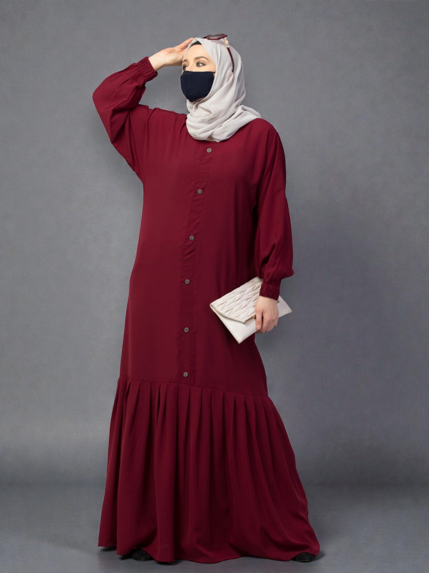 Closed Abaya With Show Buttons & Pleated Hem