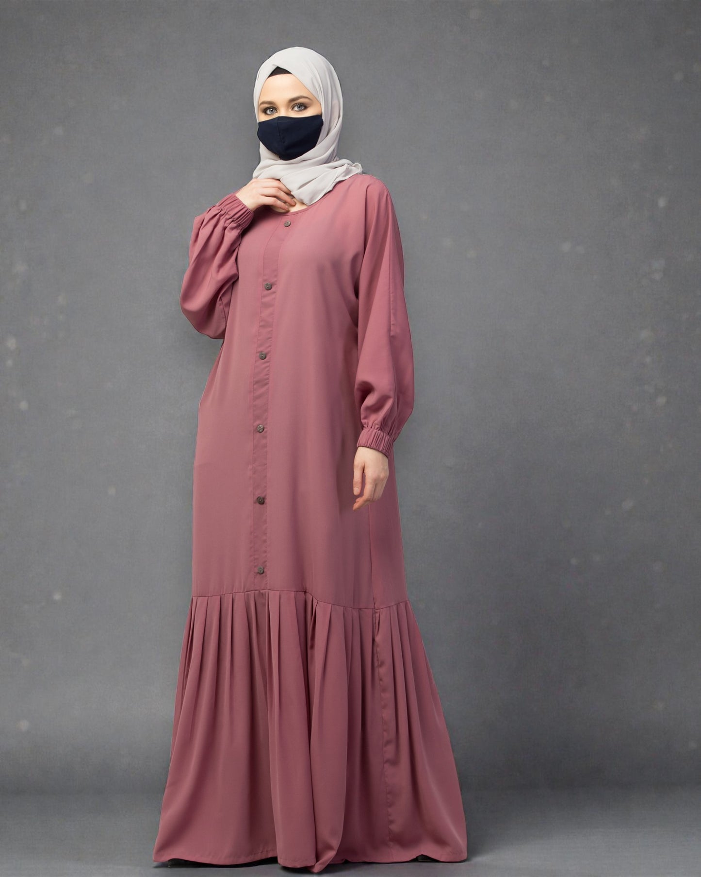 Closed Abaya With Show Buttons & Pleated Hem