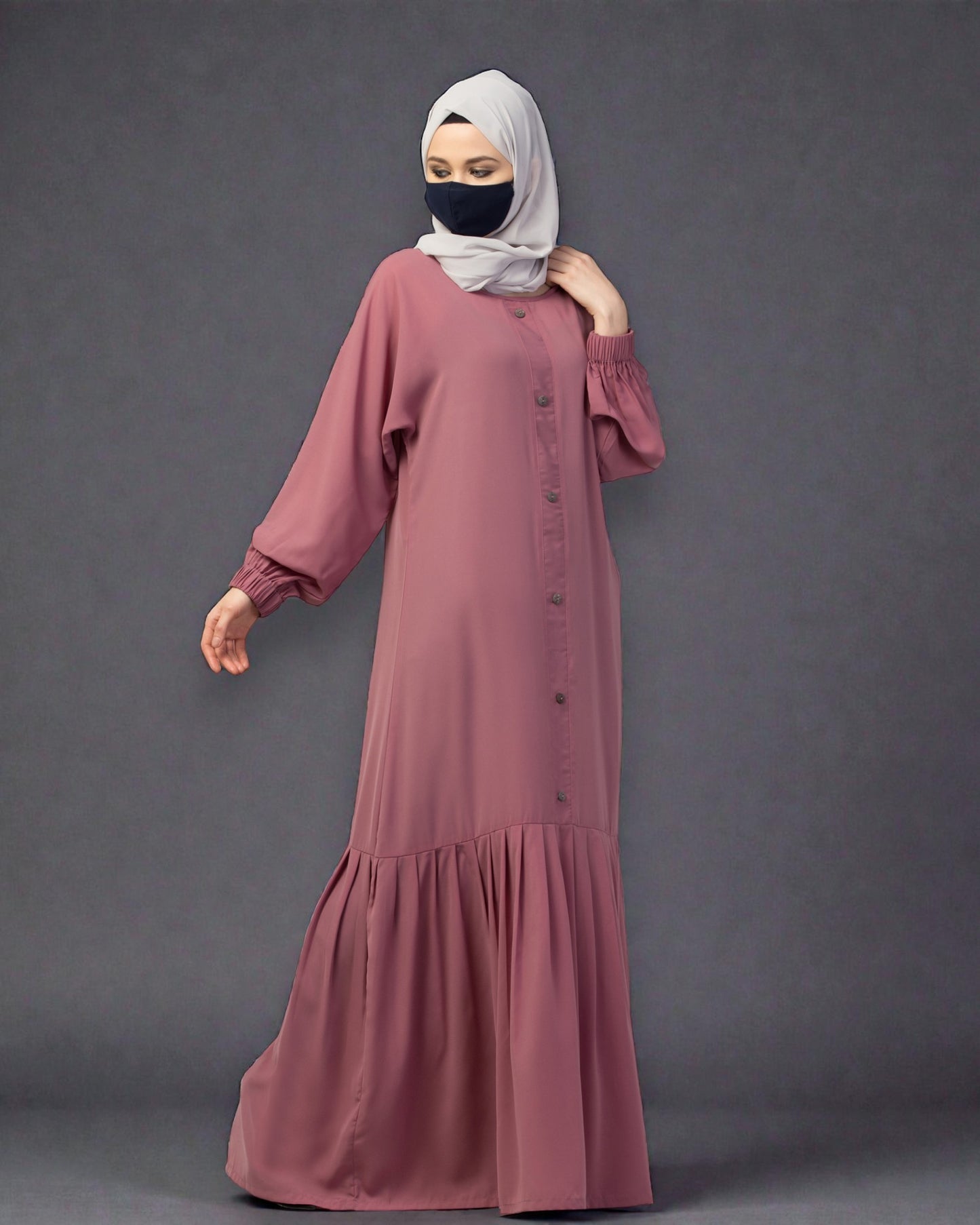 Closed Abaya With Show Buttons & Pleated Hem