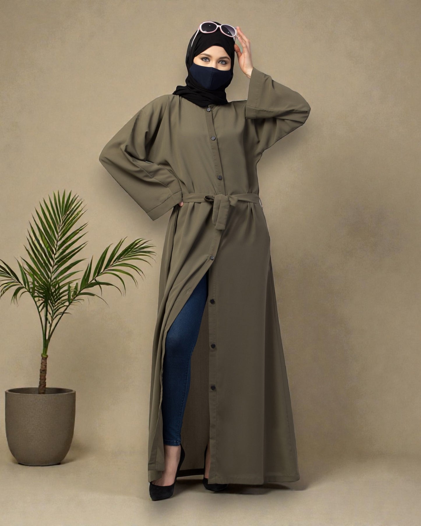 Front Open Abaya With Kimono Sleeves & Belt