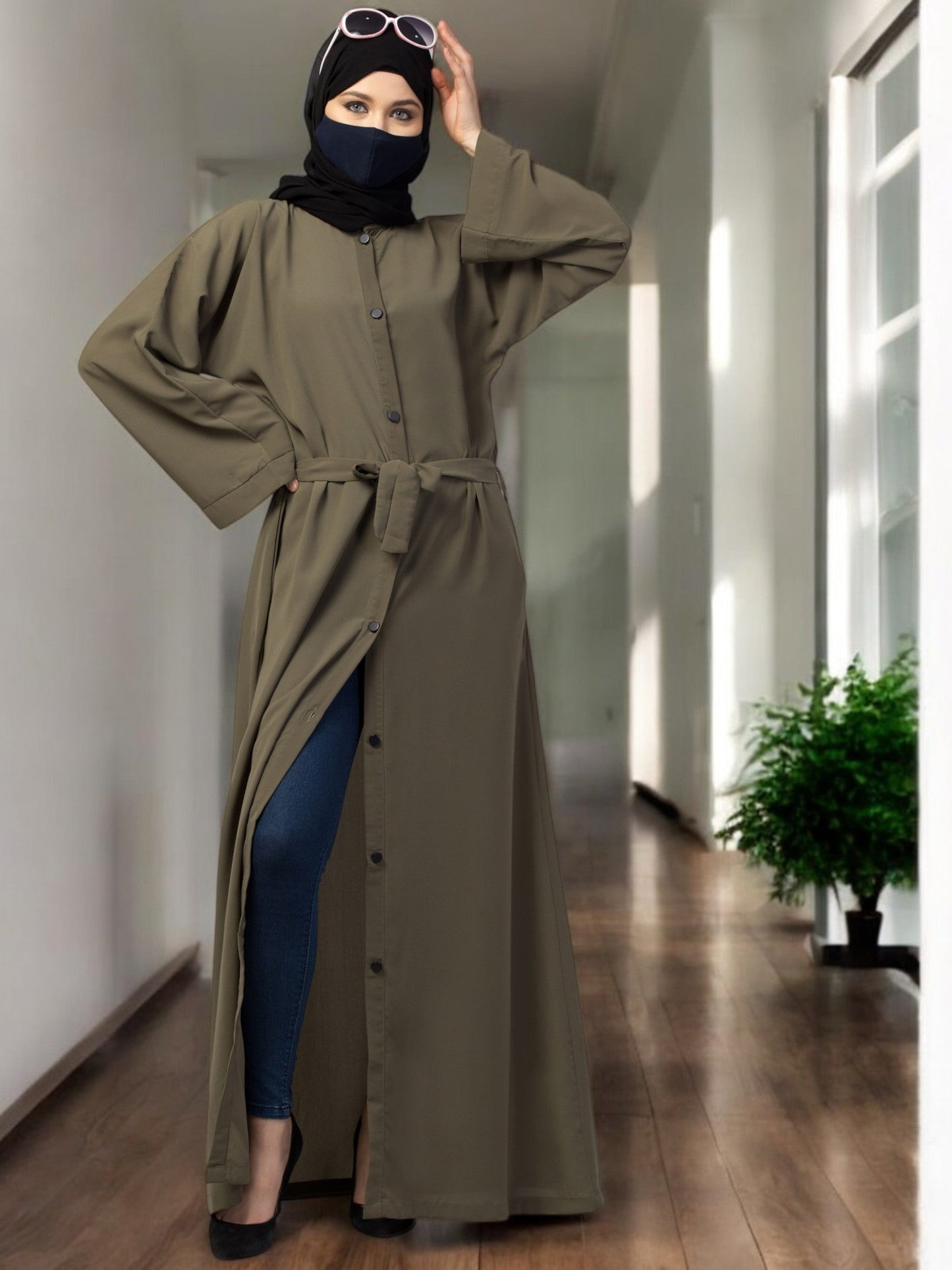 Front Open Abaya With Kimono Sleeves & Belt