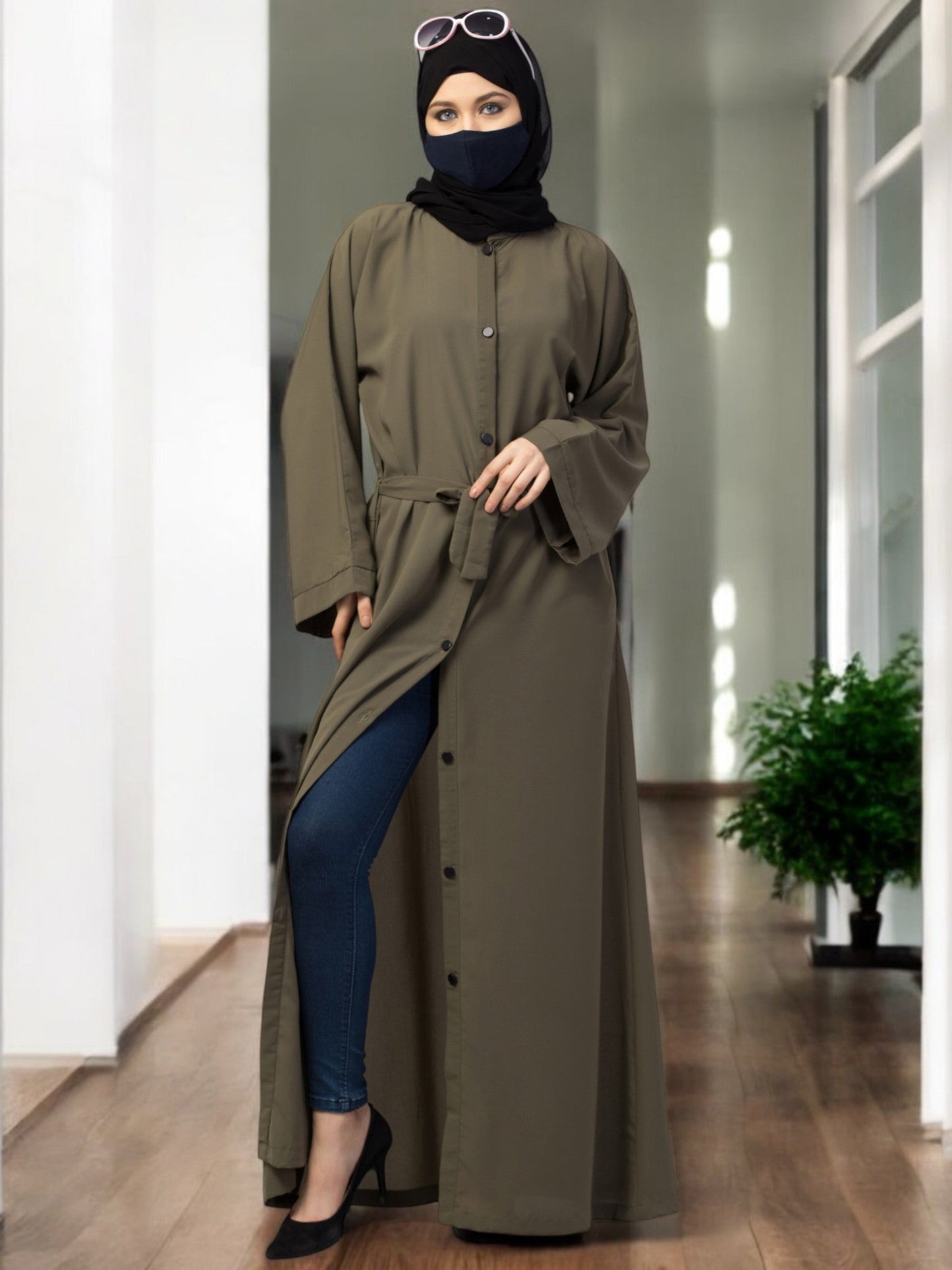 Front Open Abaya With Kimono Sleeves & Belt