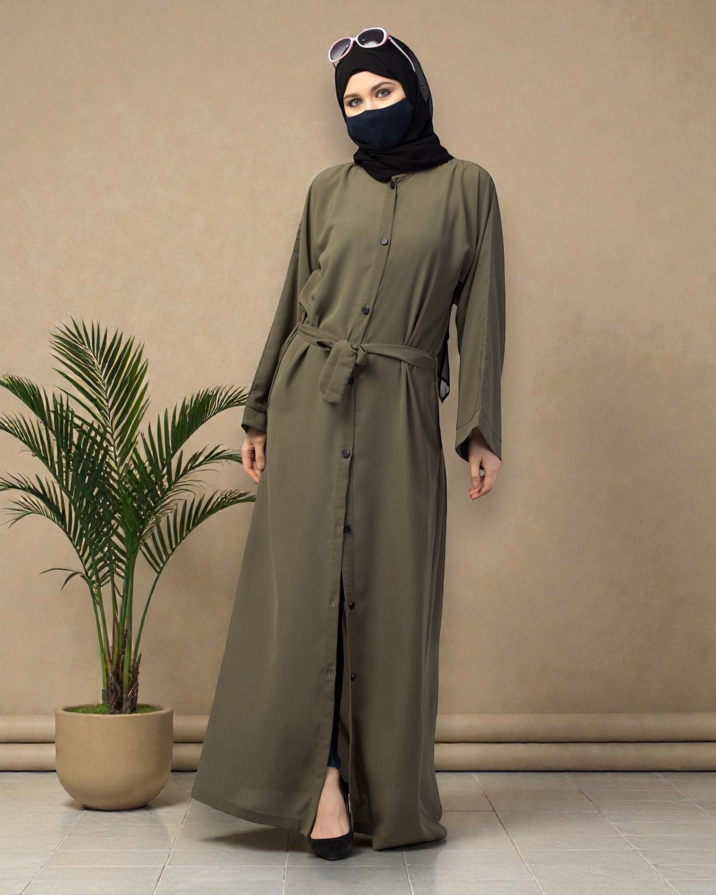 Front Open Abaya With Kimono Sleeves & Belt