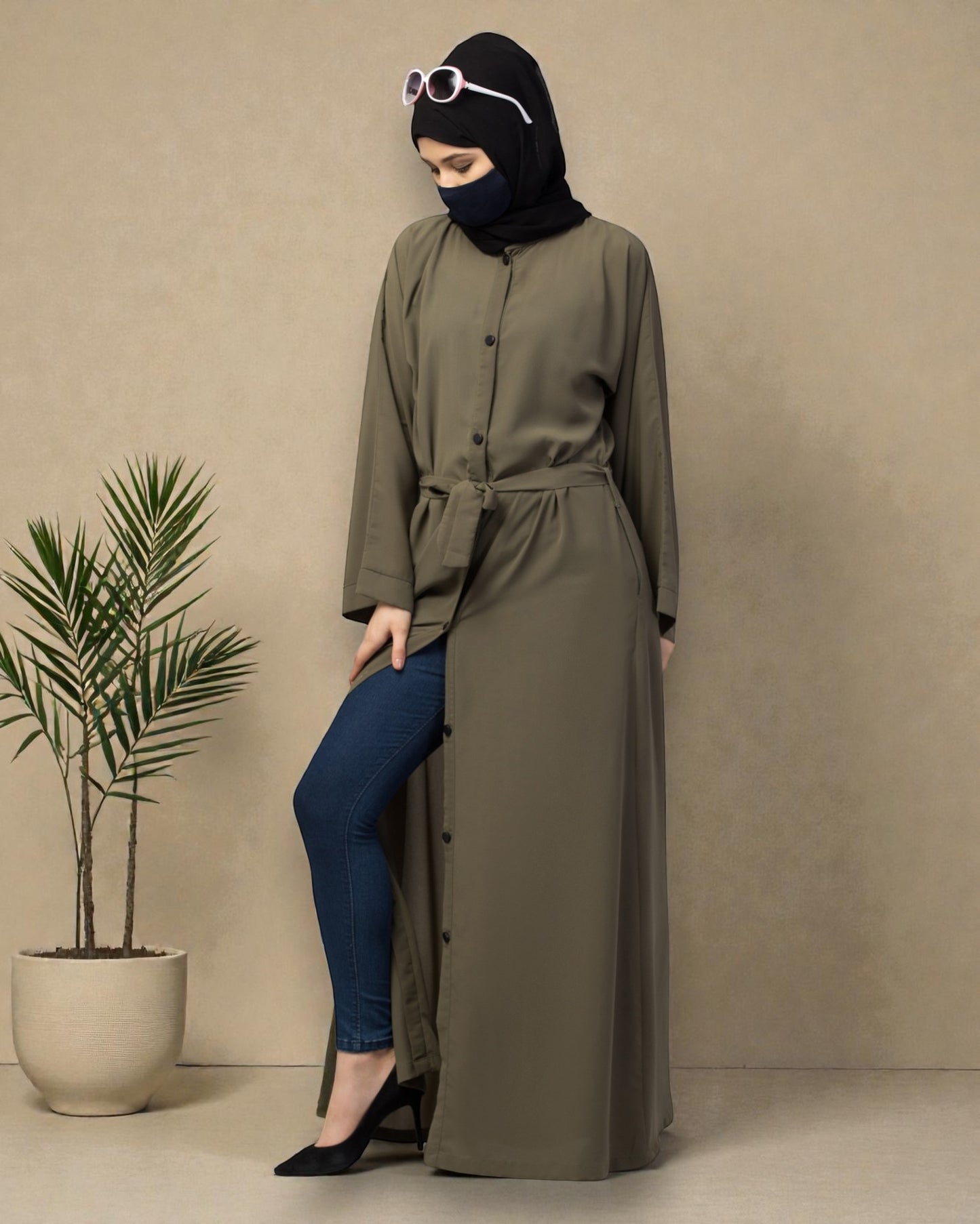 Front Open Abaya With Kimono Sleeves & Belt
