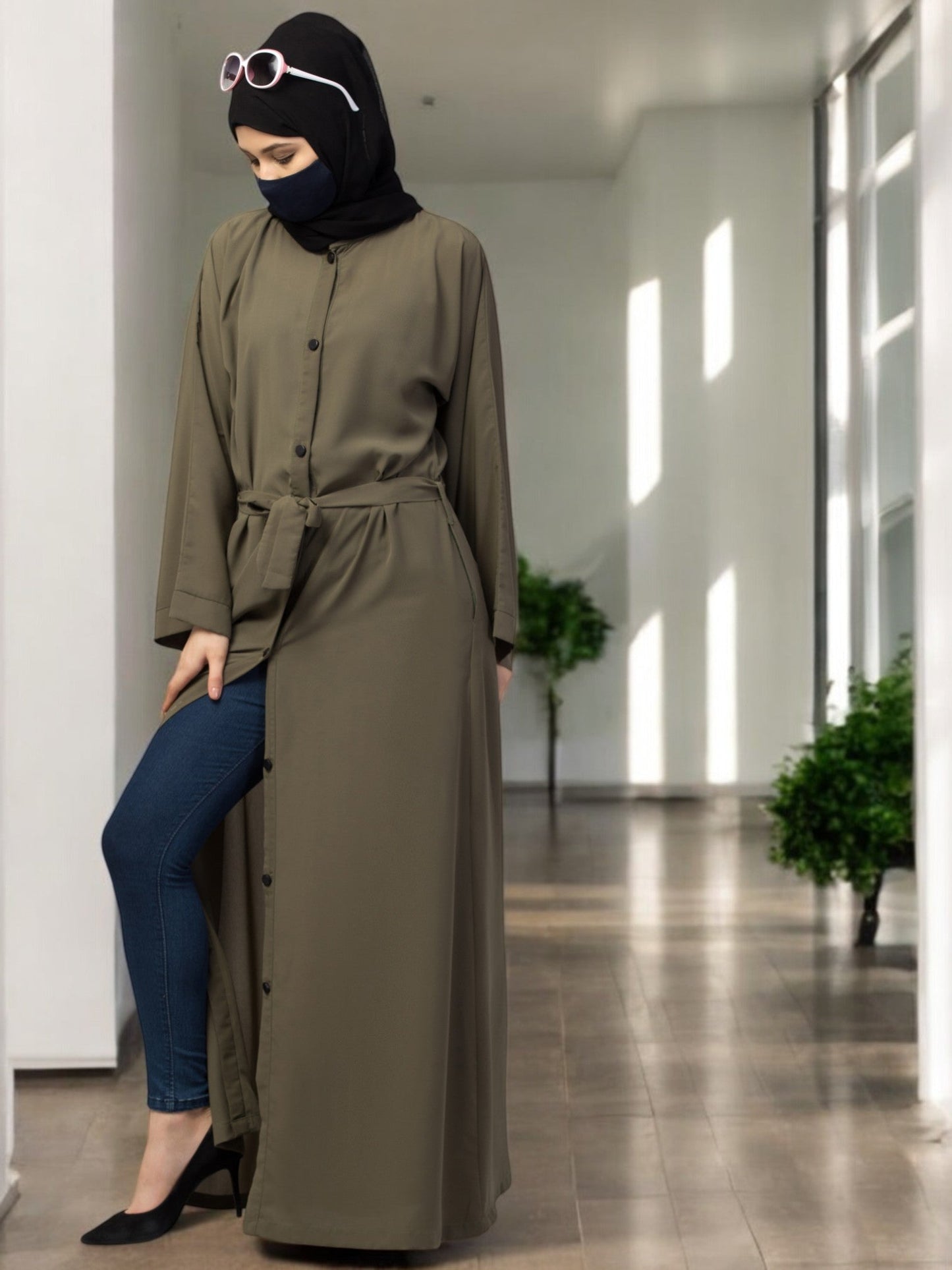 Front Open Abaya With Kimono Sleeves & Belt