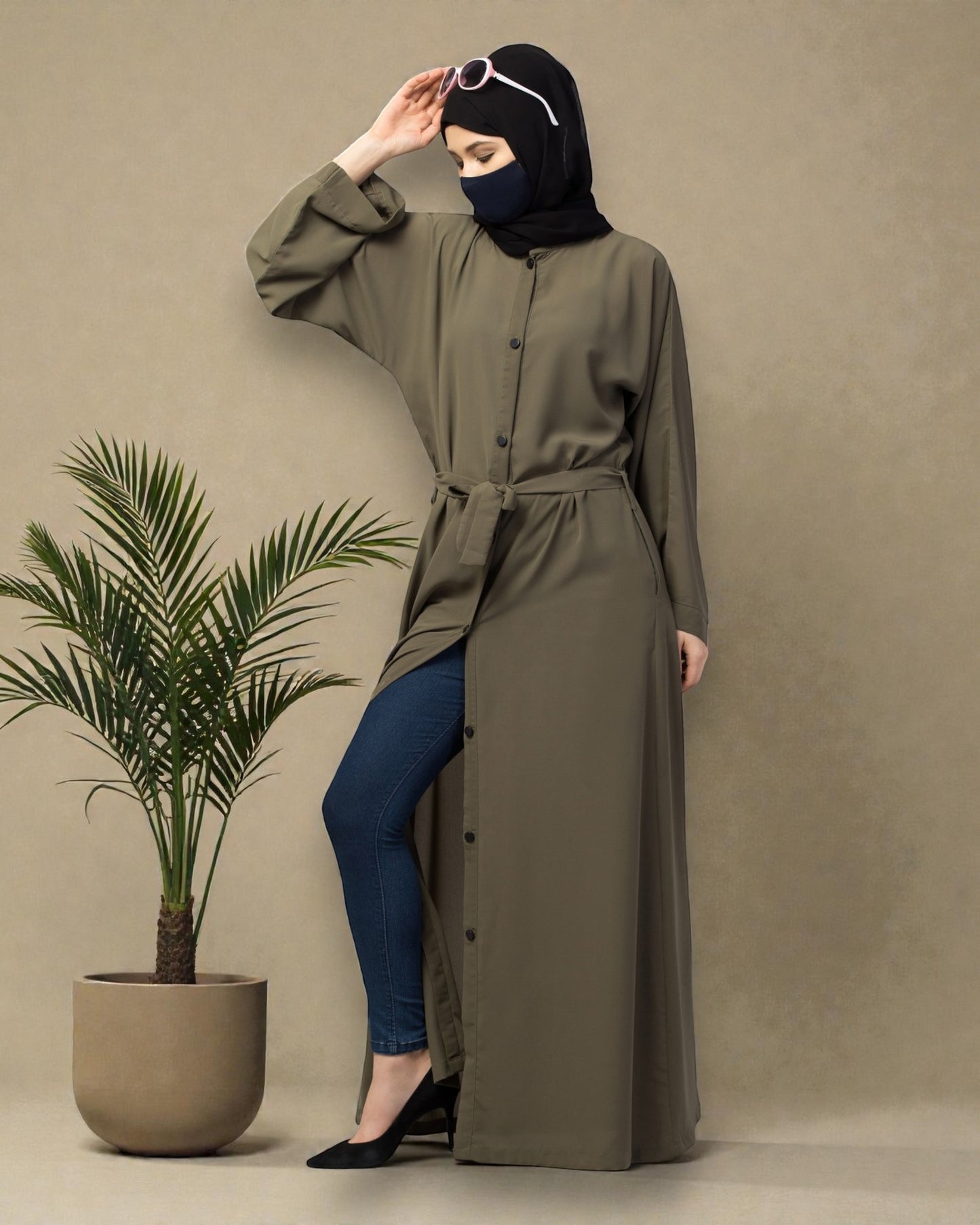Front Open Abaya With Kimono Sleeves & Belt