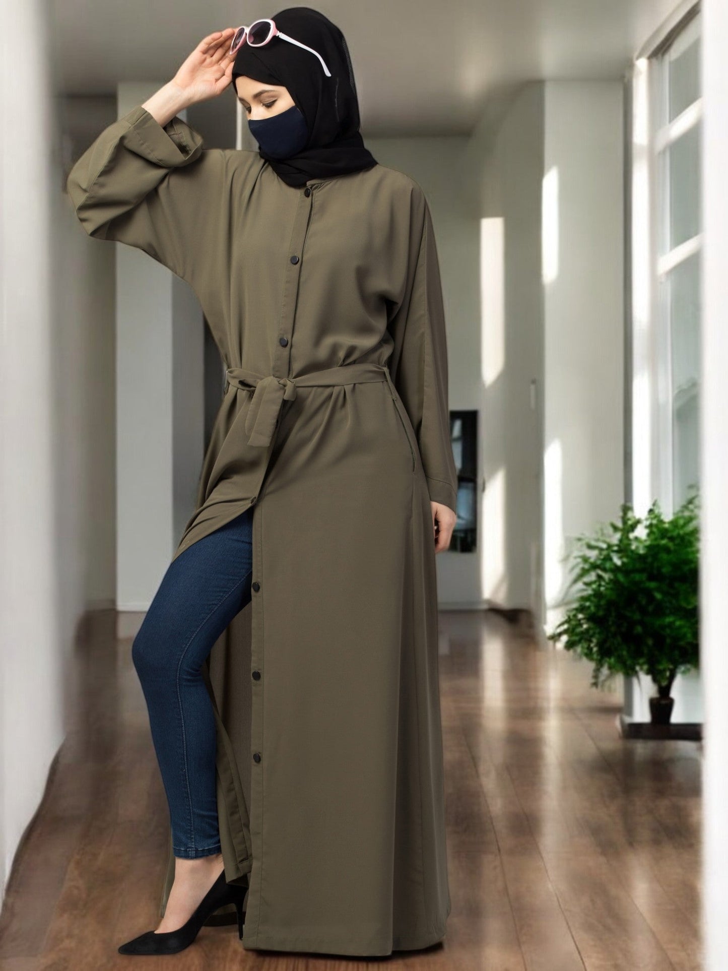 Front Open Abaya With Kimono Sleeves & Belt