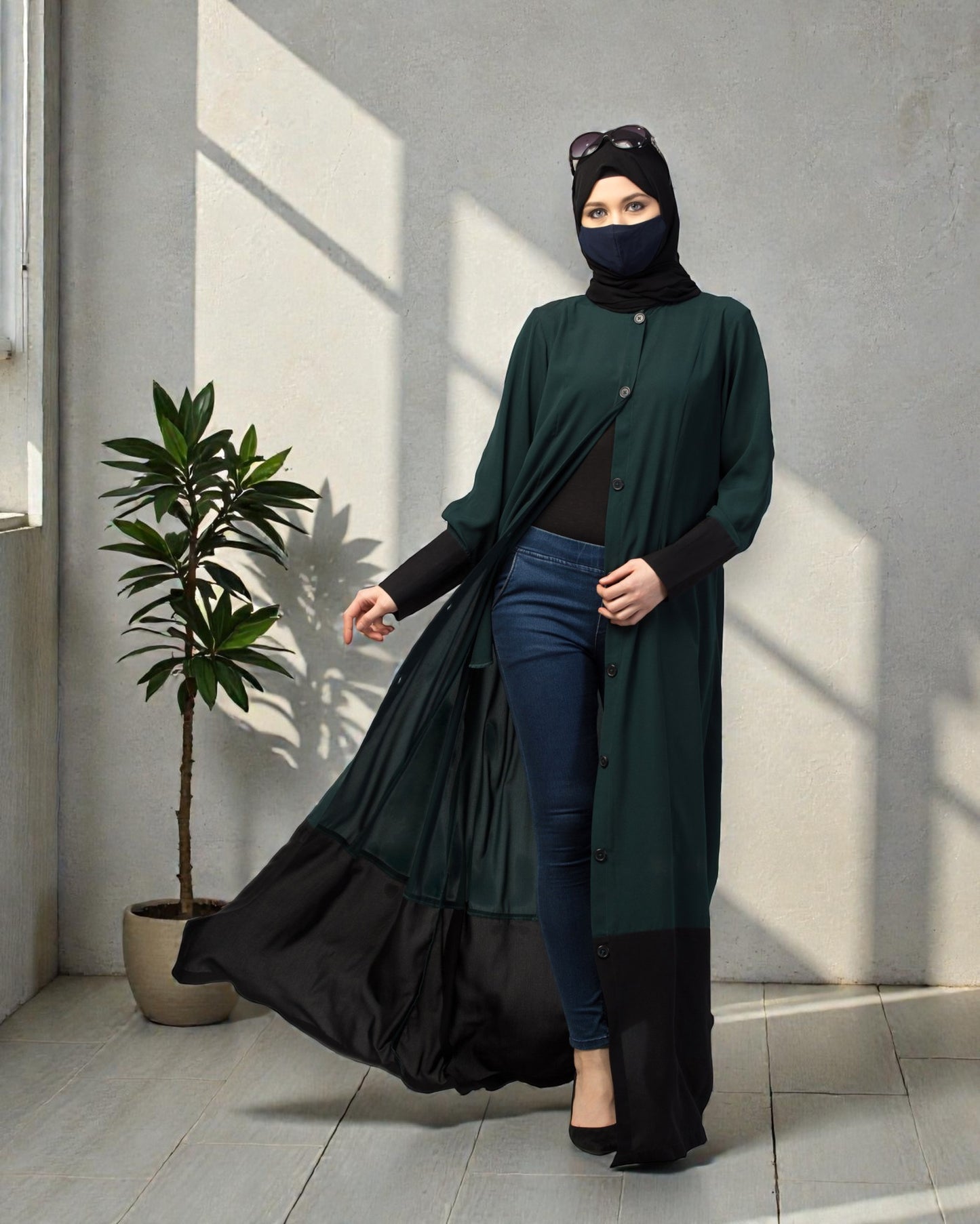 Dual Color- Front Open Abaya With Cuffs