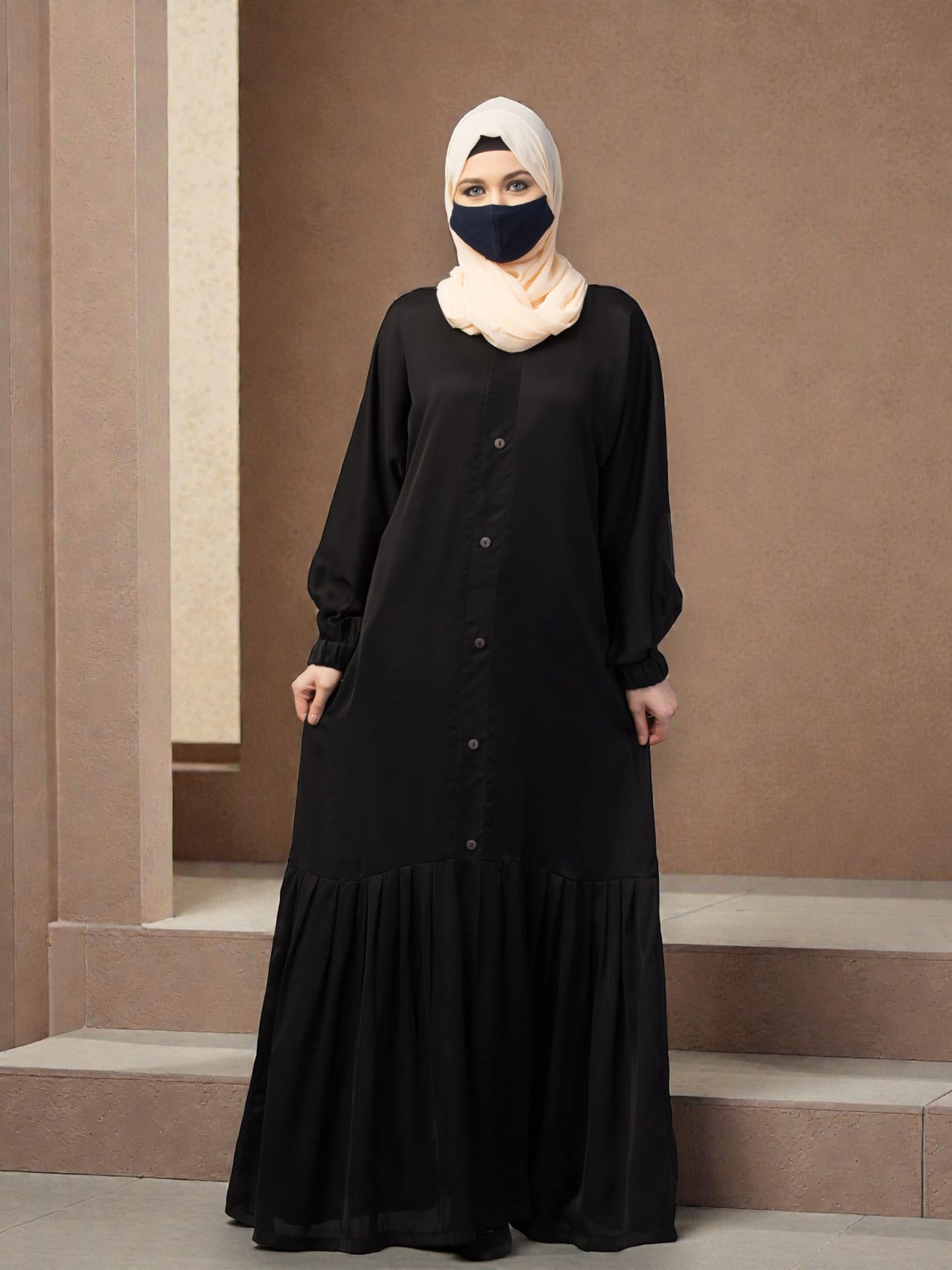 Closed Abaya With Show Buttons & Pleated Hem