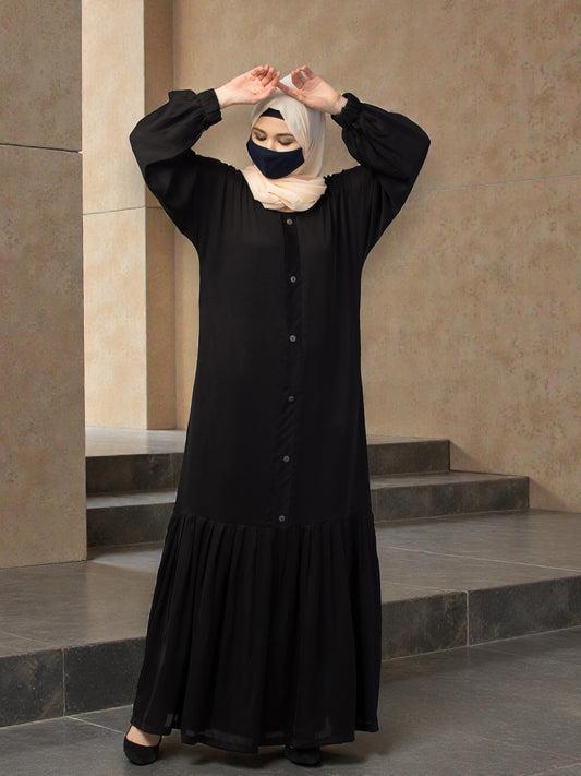 Closed Abaya With Show Buttons & Pleated Hem