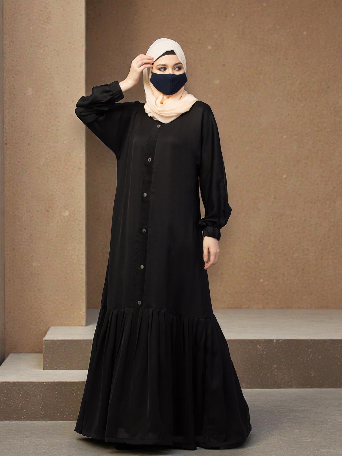 Closed Abaya With Show Buttons & Pleated Hem