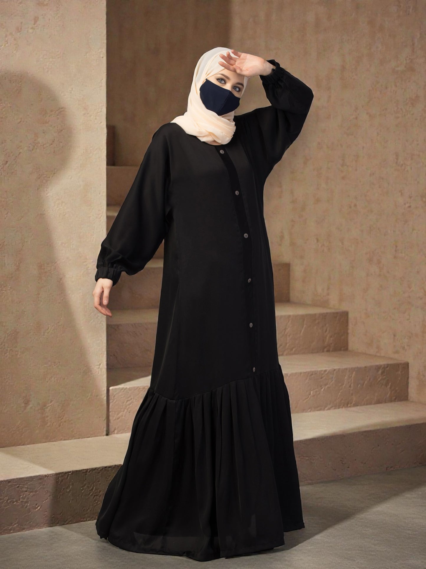 Closed Abaya With Show Buttons & Pleated Hem