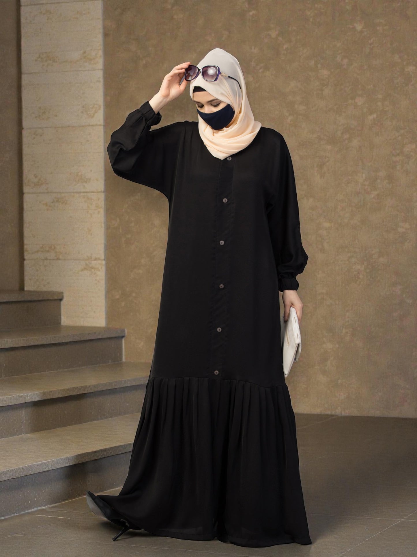 Closed Abaya With Show Buttons & Pleated Hem