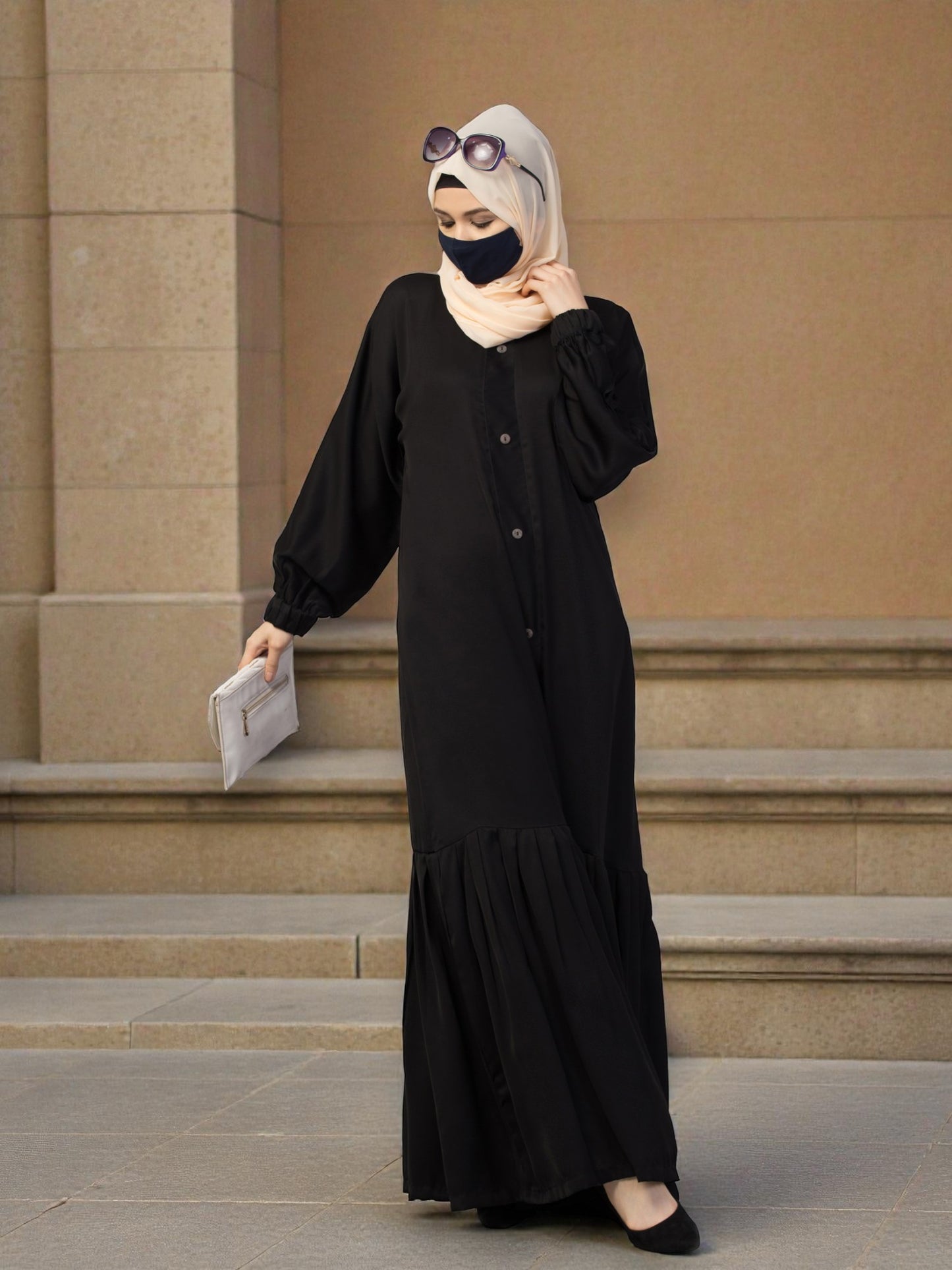 Closed Abaya With Show Buttons & Pleated Hem
