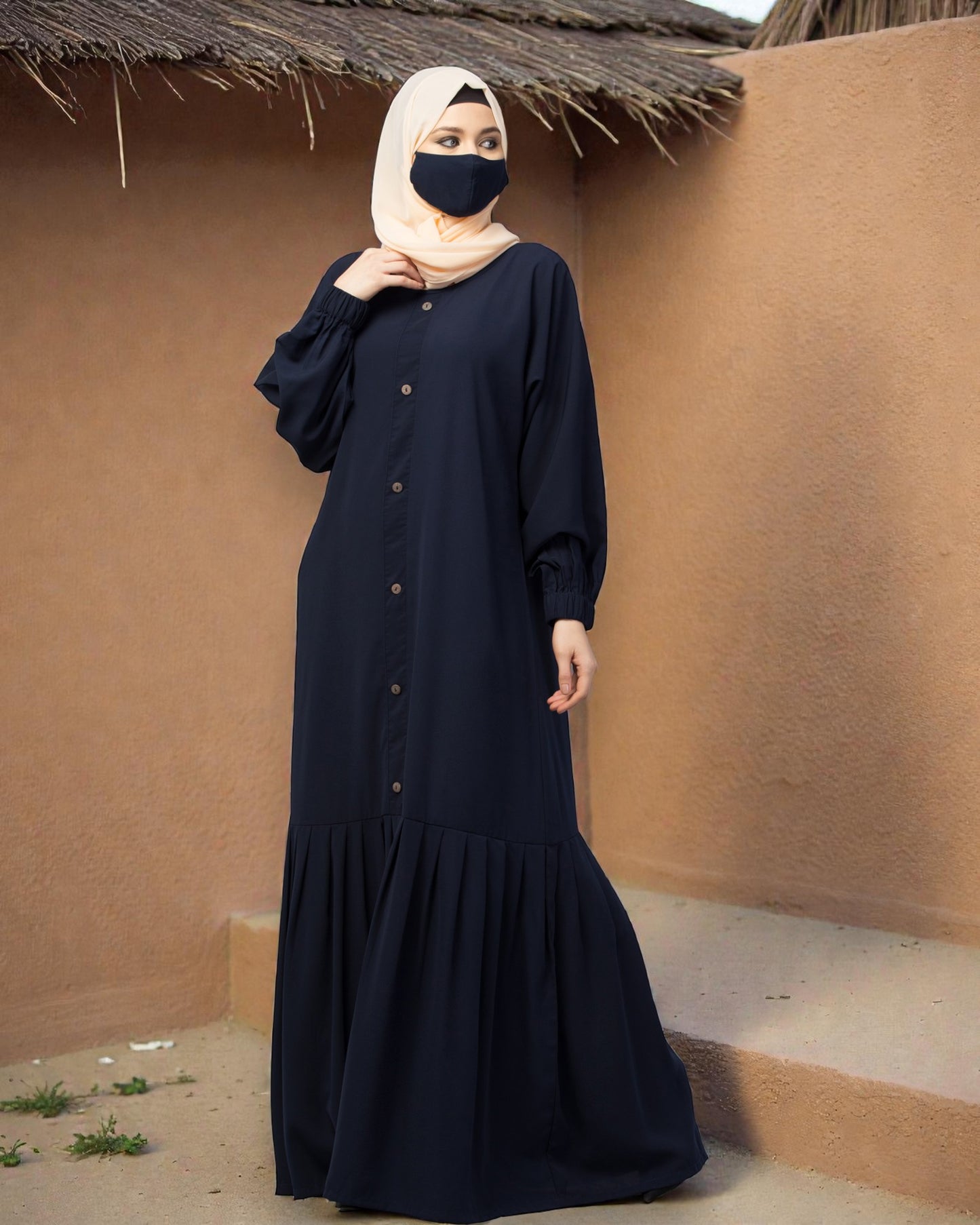 Closed Abaya With Show Buttons & Pleated Hem