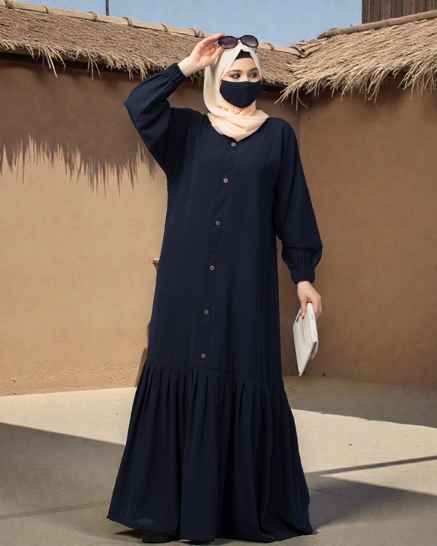 Closed Abaya With Show Buttons & Pleated Hem