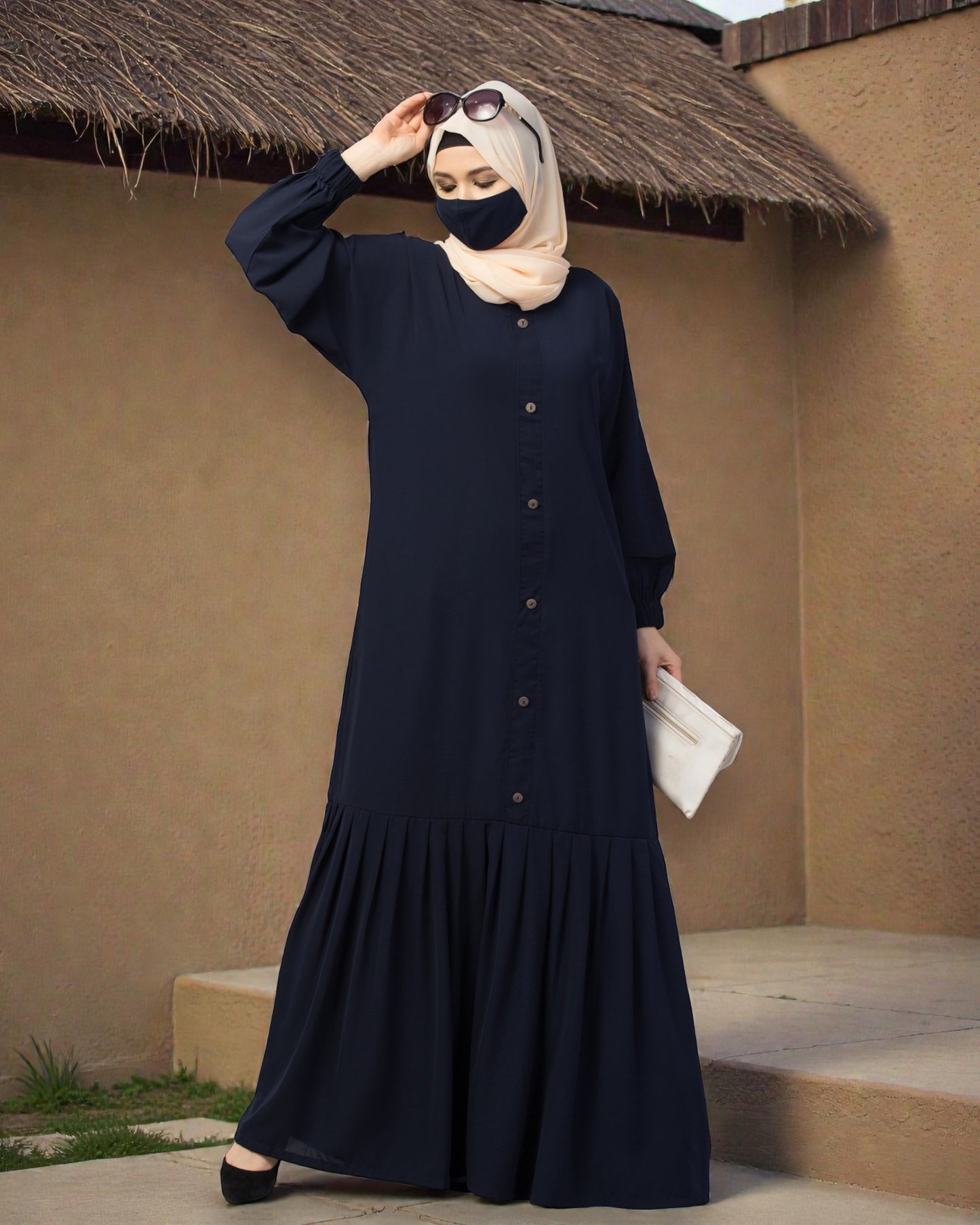 Closed Abaya With Show Buttons & Pleated Hem
