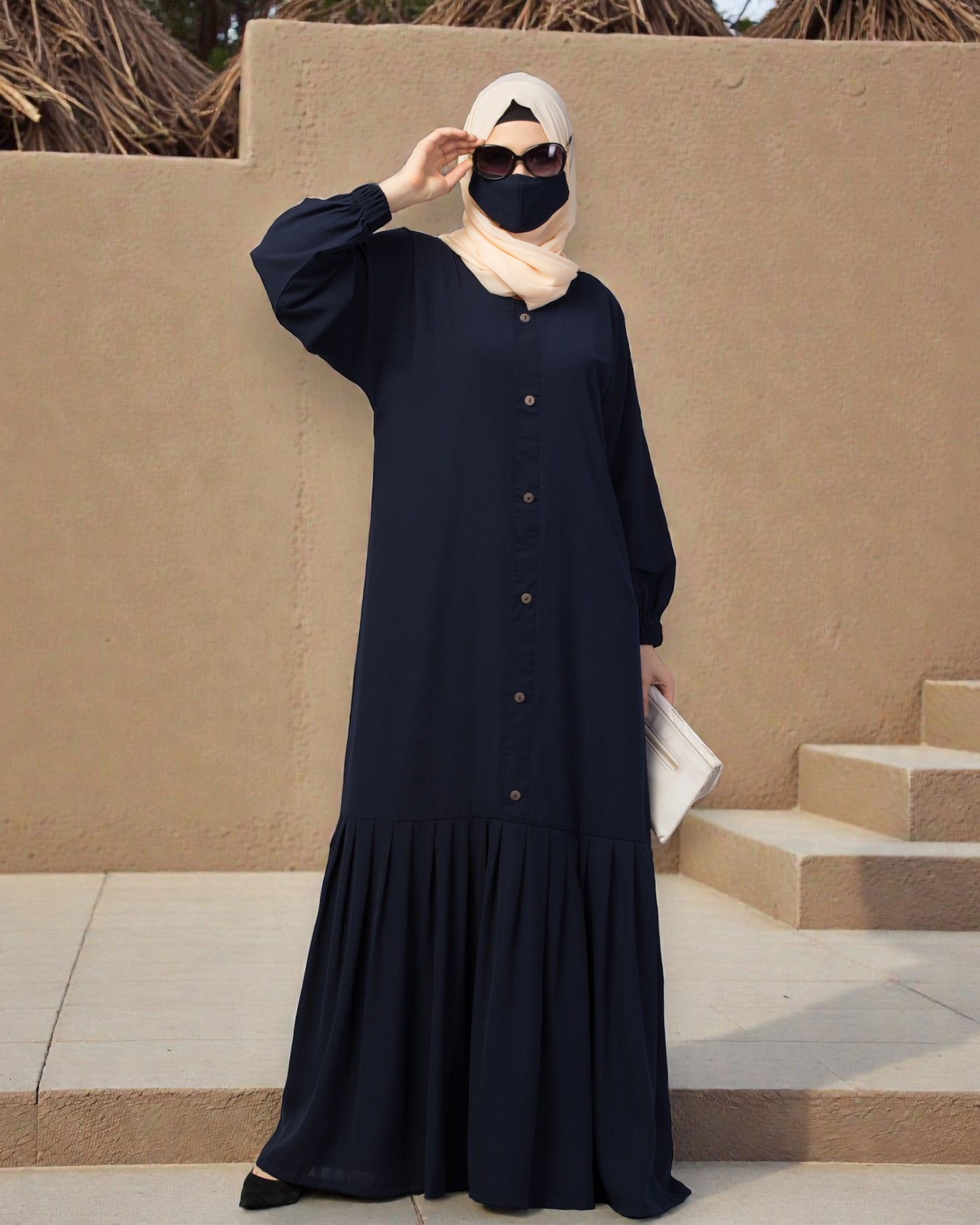 Closed Abaya With Show Buttons & Pleated Hem