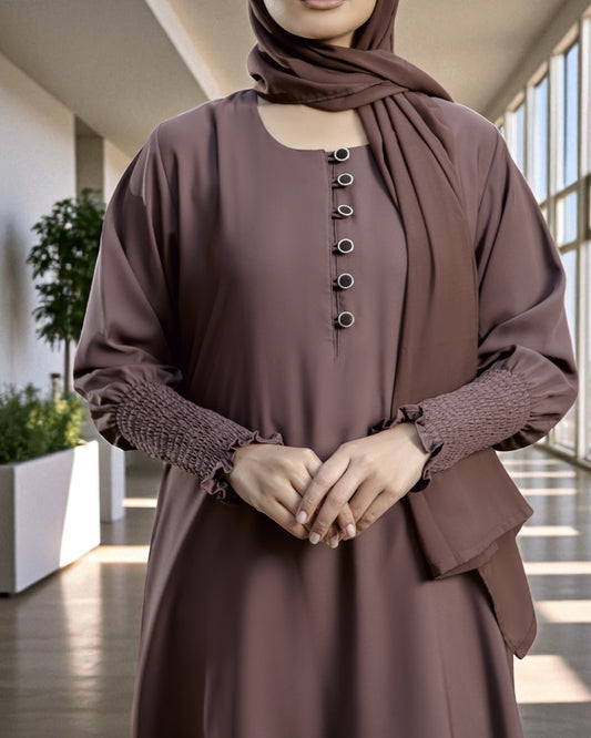 Closed Abaya with Extra Flare - Fabric Buttons - Smocky Sleeves - Premium Tiktok Fabric - Complementary Hijab - Side Pockets