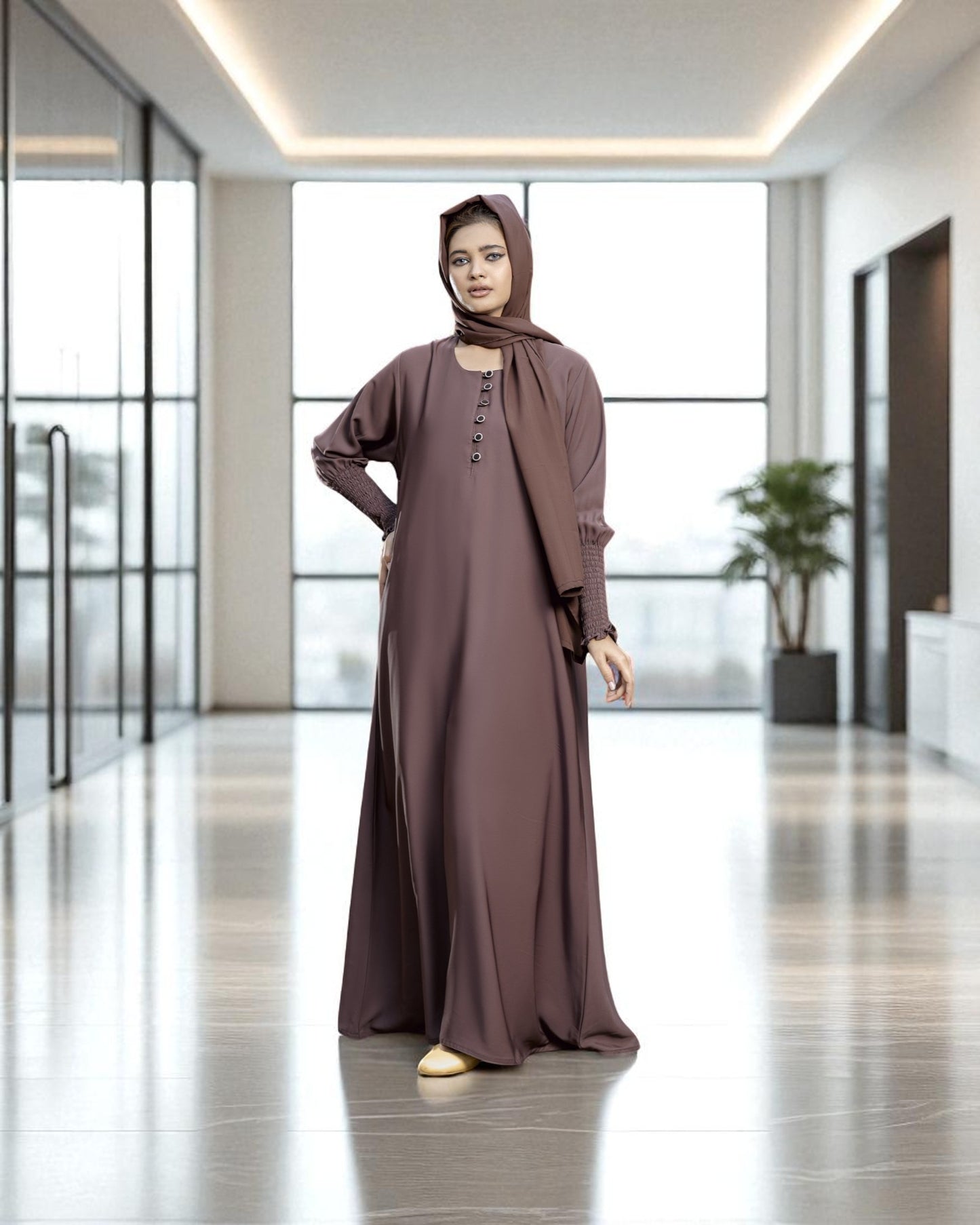 Closed Abaya with Extra Flare - Fabric Buttons - Smocky Sleeves - Premium Tiktok Fabric - Complementary Hijab - Side Pockets
